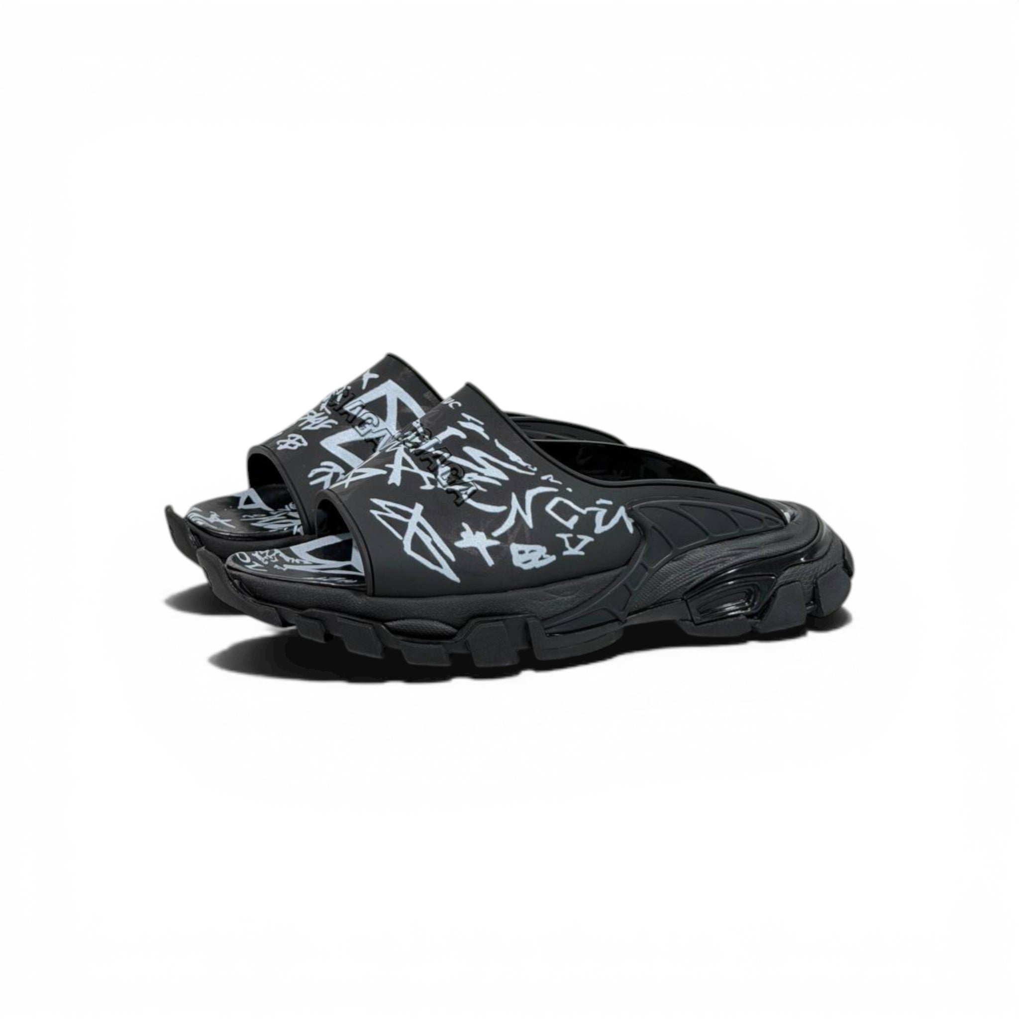 Balenciaga Black Graffiti Chunky Slides – Bold Streetwear Slippers ⚫🔥