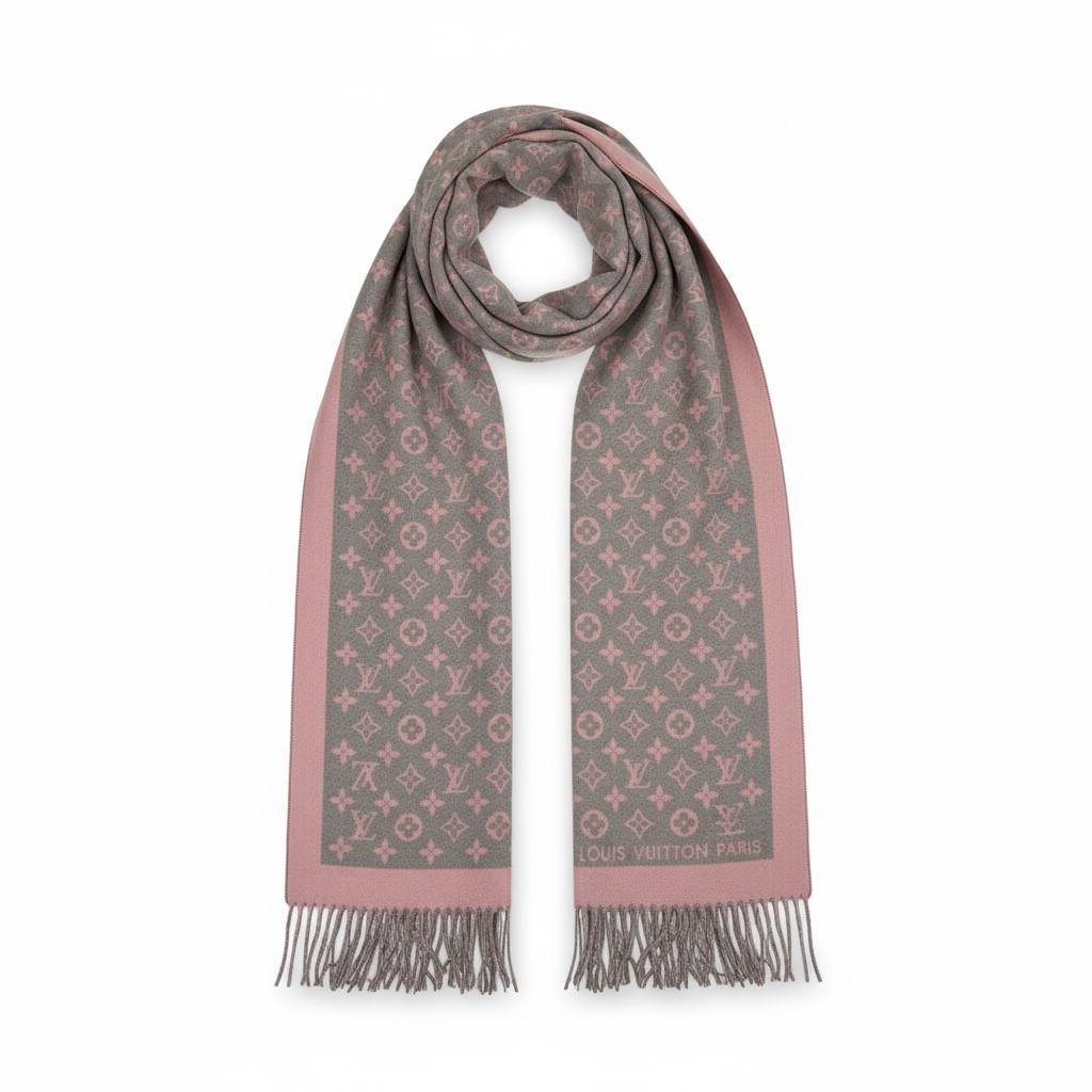 🧣 Louis Vuitton Monogram Wool Scarf – Pink & Grey Luxury Winter Wrap ✨