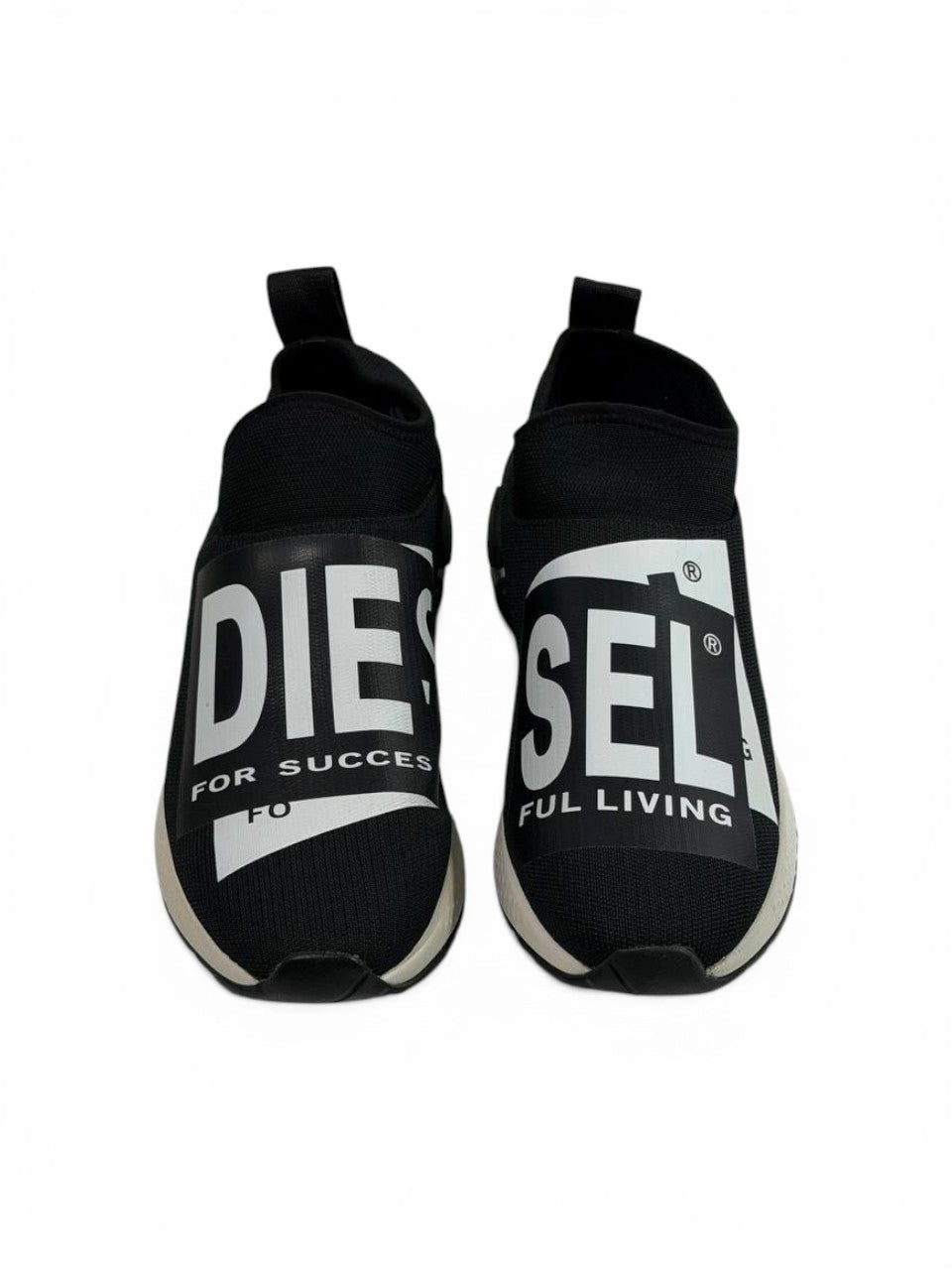 Diesel Black Slip-On Sneakers β Bold Logo Print, Lightweight Knit Trainer