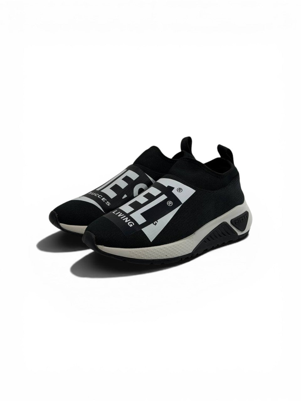 Diesel Black Slip-On Sneakers β Bold Logo Print, Lightweight Knit Trainer