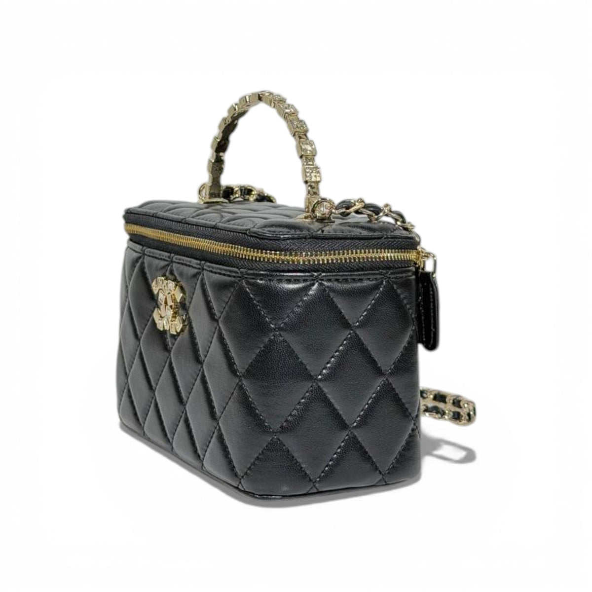 Chanel Quilted Vanity Case with Top Handle and Mirror – Black and Gold ✨🖤