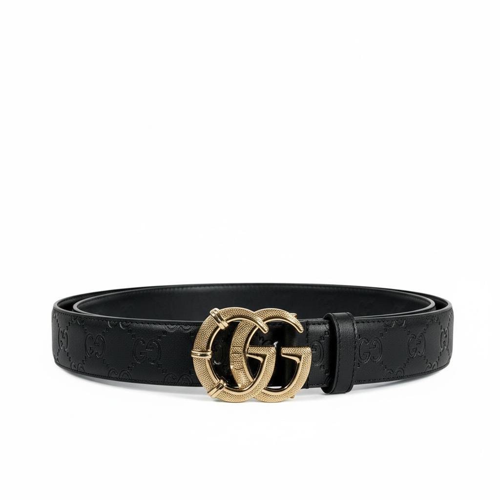 🖤✨ Gucci GG Embossed Leather Belt Black 120cm with Gold Buckle 💛