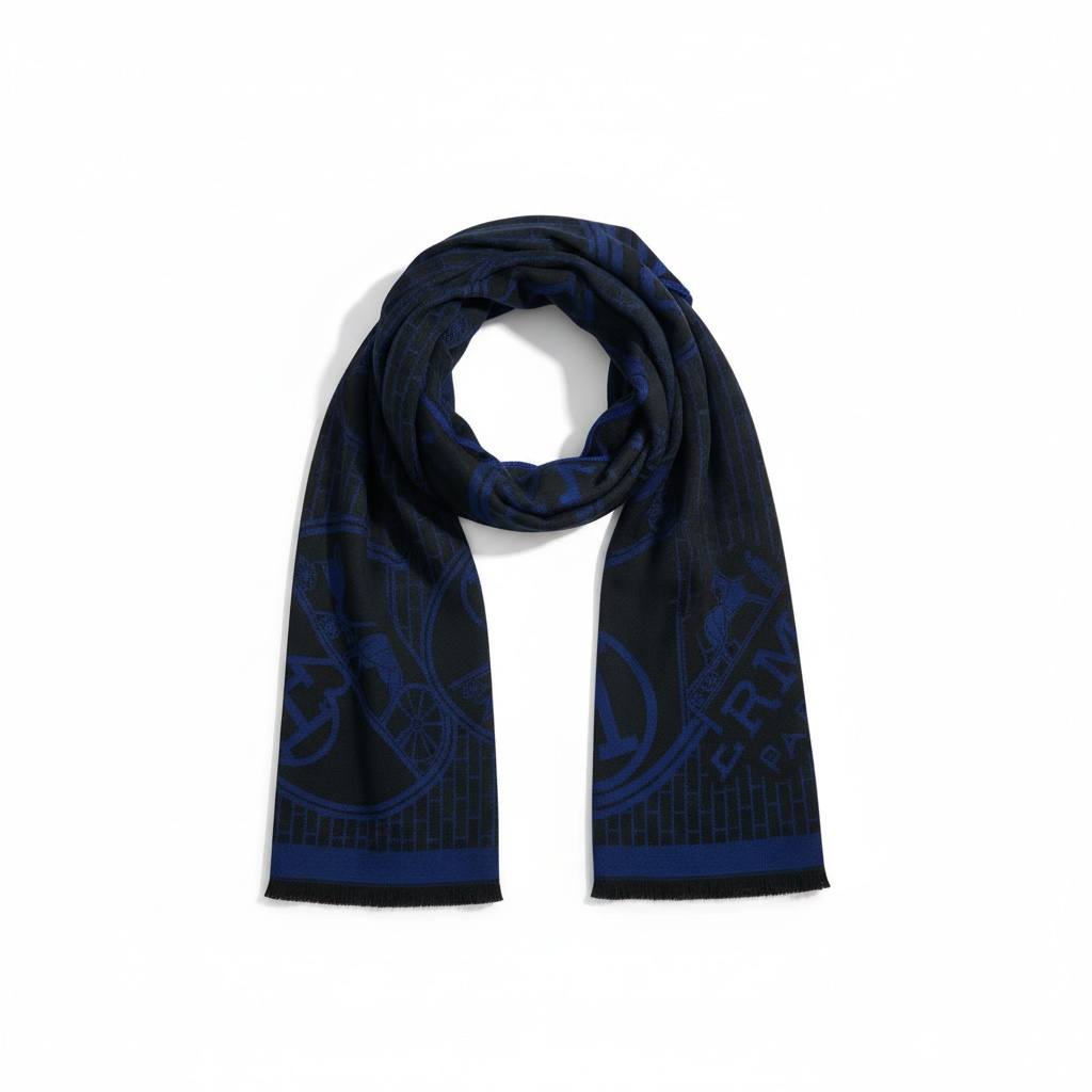 🧣✨ Hermès Signature Wool & Silk Scarf – Luxury Navy Blue Edition ✨🧣