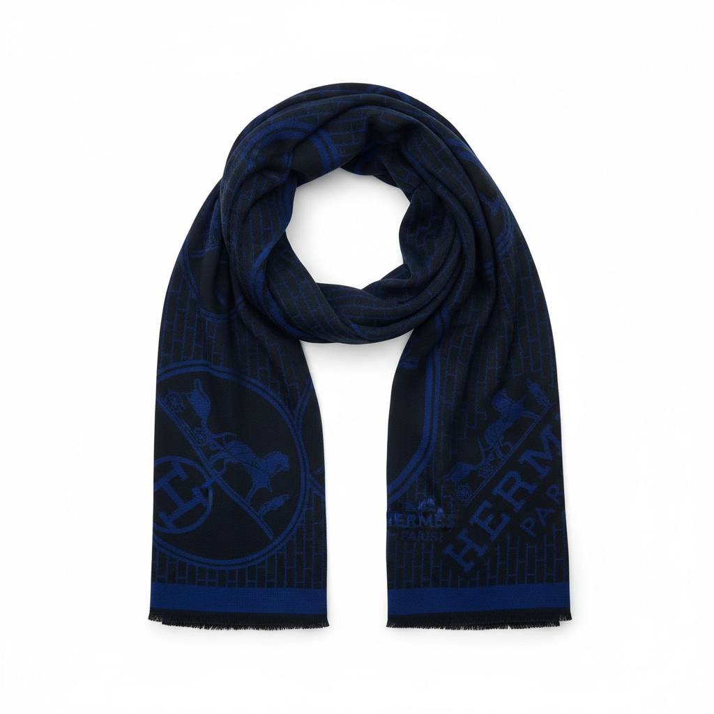 🧣✨ Hermès Signature Wool & Silk Scarf – Luxury Navy Blue Edition ✨🧣