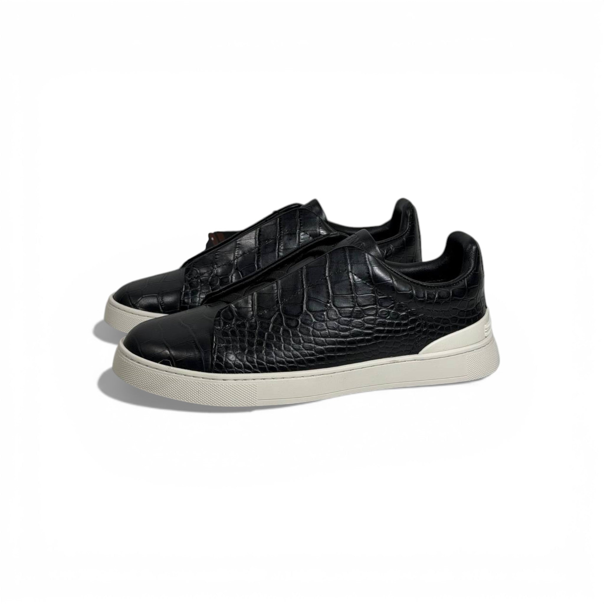 🖤✨ Zegna Luxury Croc-Embossed Sneakers – Black with White Sole 👟🔥