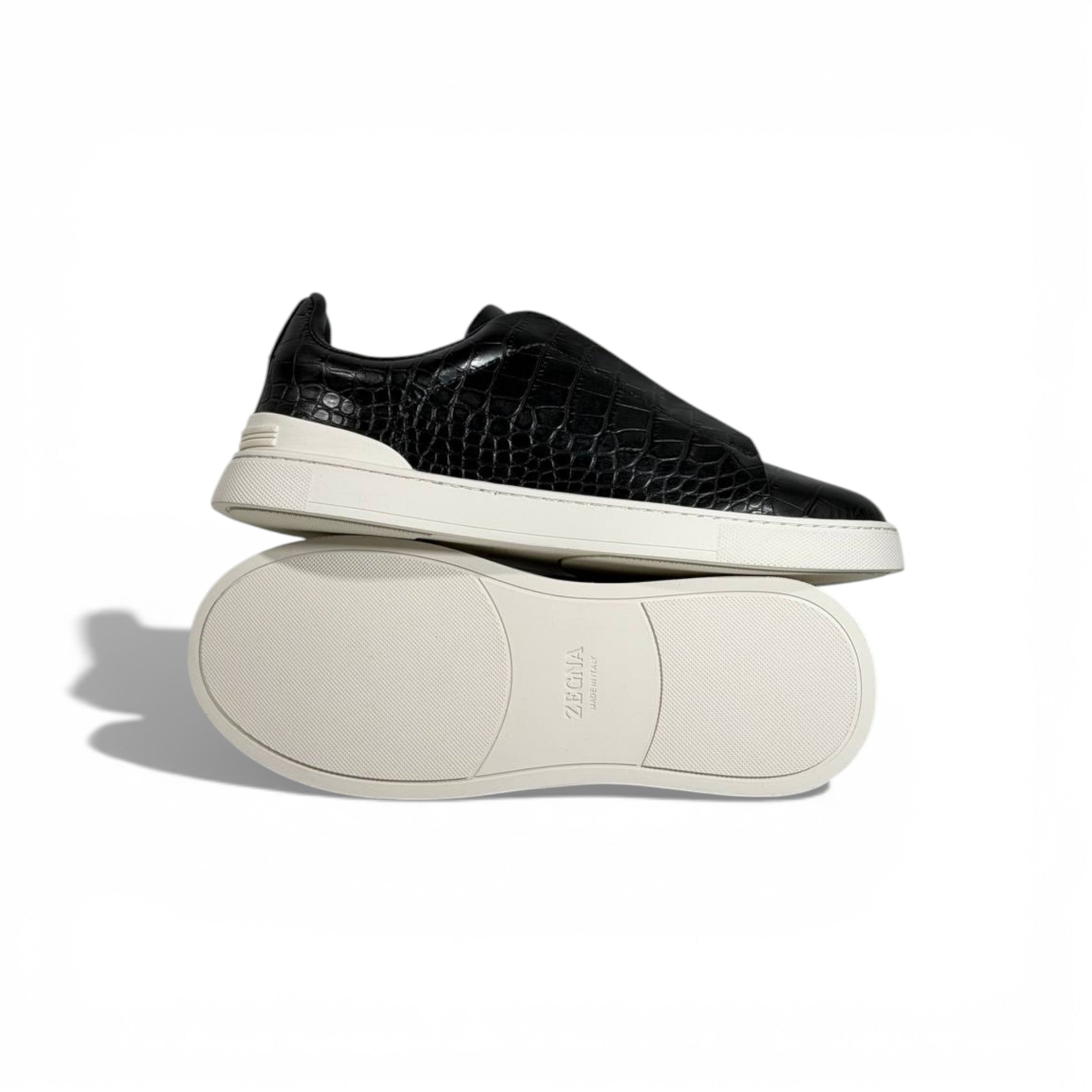 🖤✨ Zegna Luxury Croc-Embossed Sneakers – Black with White Sole 👟🔥