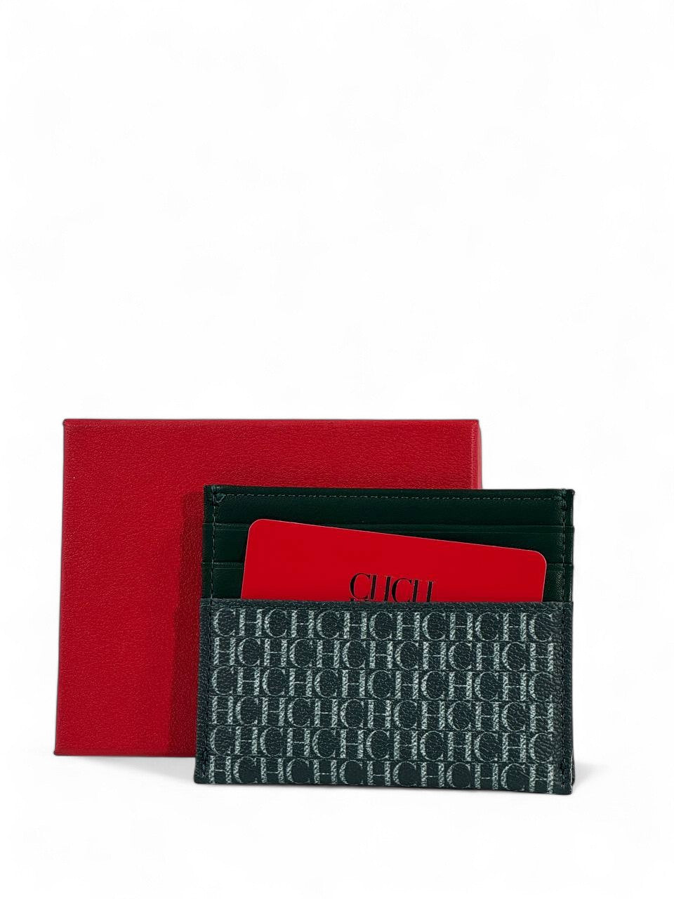 Carolina Herrera CH Monogram Leather Card Holder β Green with Red Gift Box