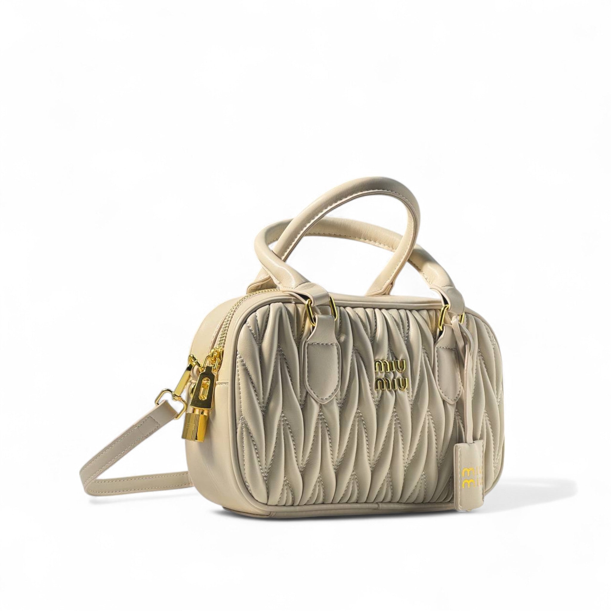 Miu Miu Quilted Luxe – Beige Crossbody with Gold Lock