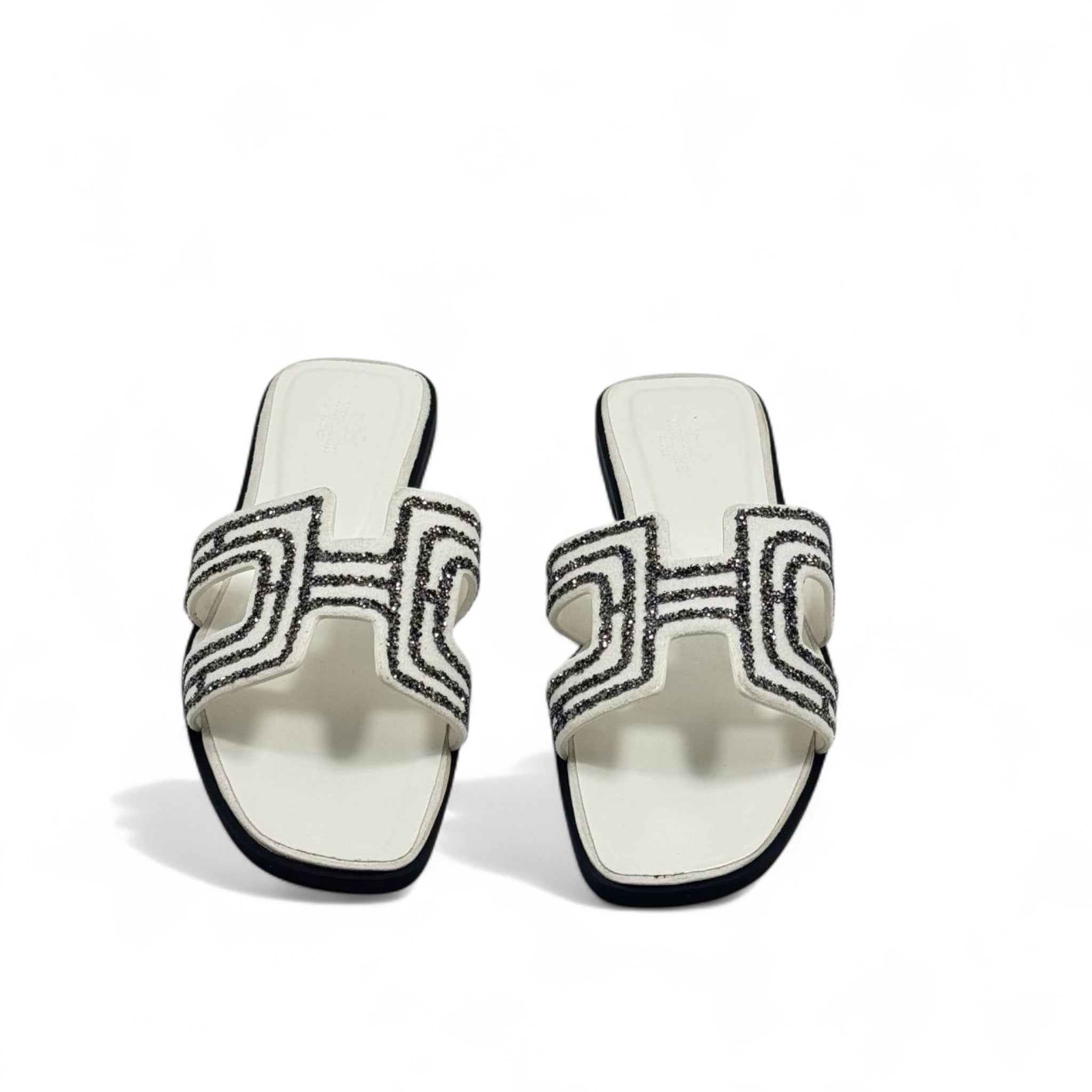 Hermès H-Style Glitter Slippers – Elegant White Designer Flats with Box