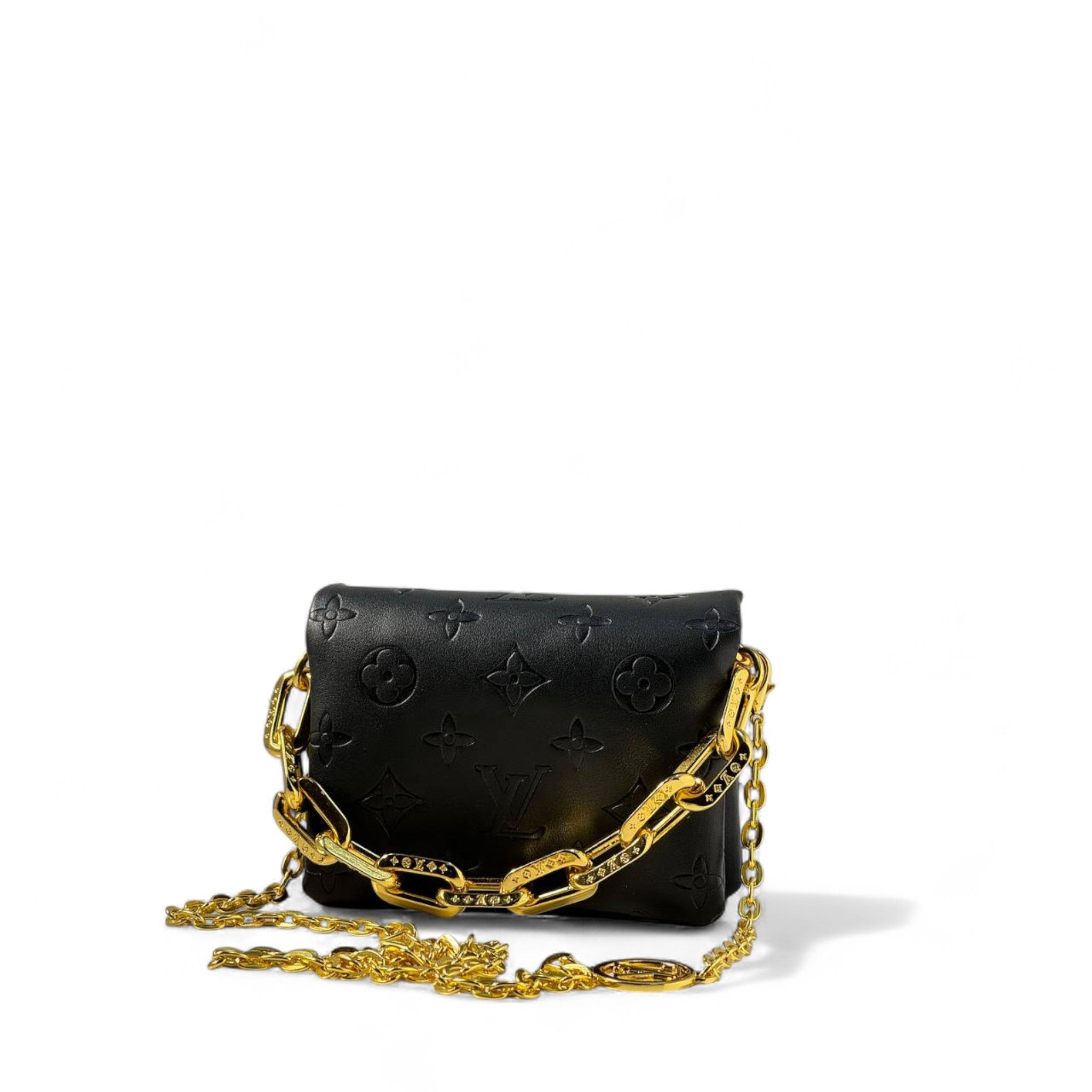 Louis Vuitton mini Black Monogram Leather Bag with Gold Chain β¨