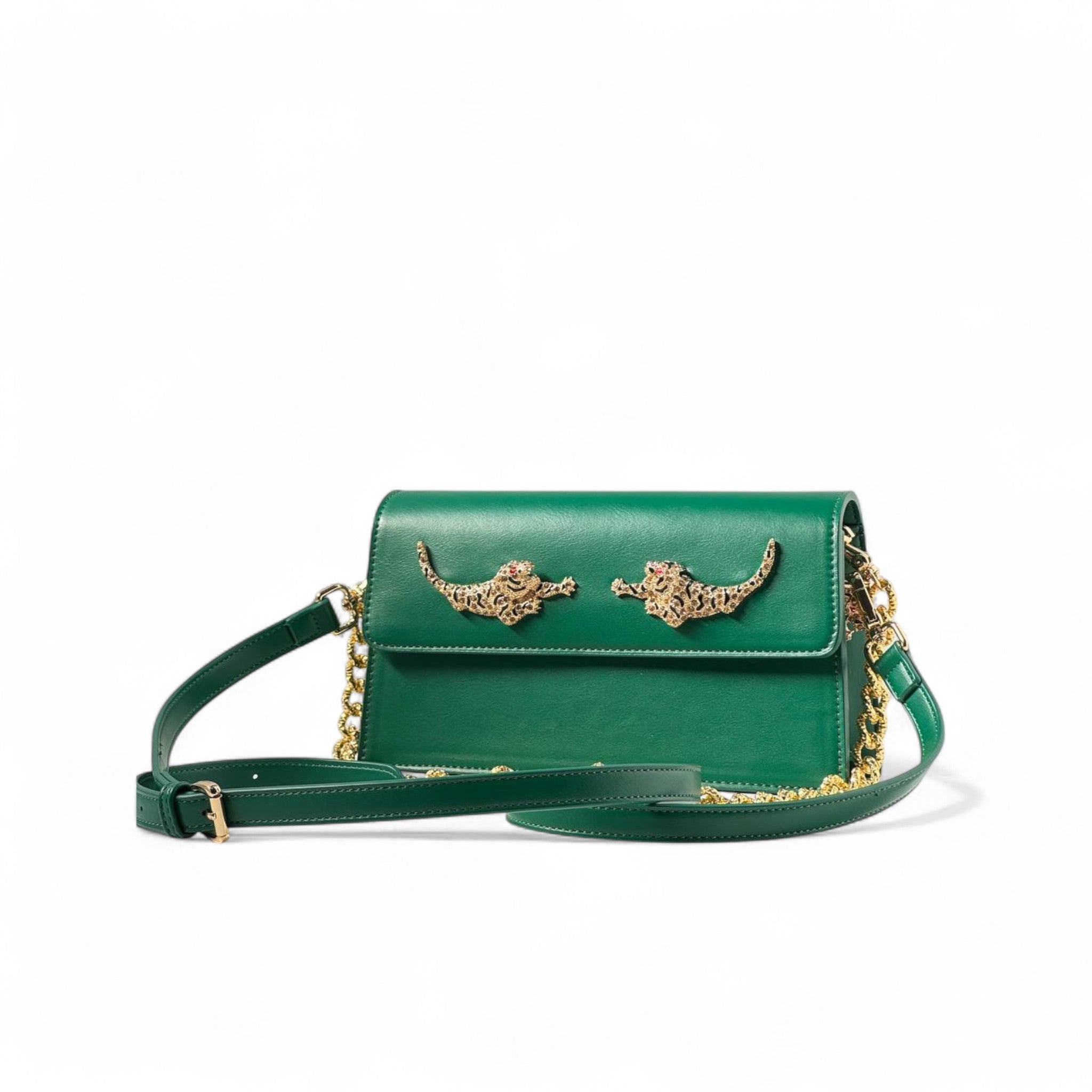 š Roberto Cavalli Emerald Green Leopard Bag ā Gold Chain Crossbody | Italian Exotic Glam
