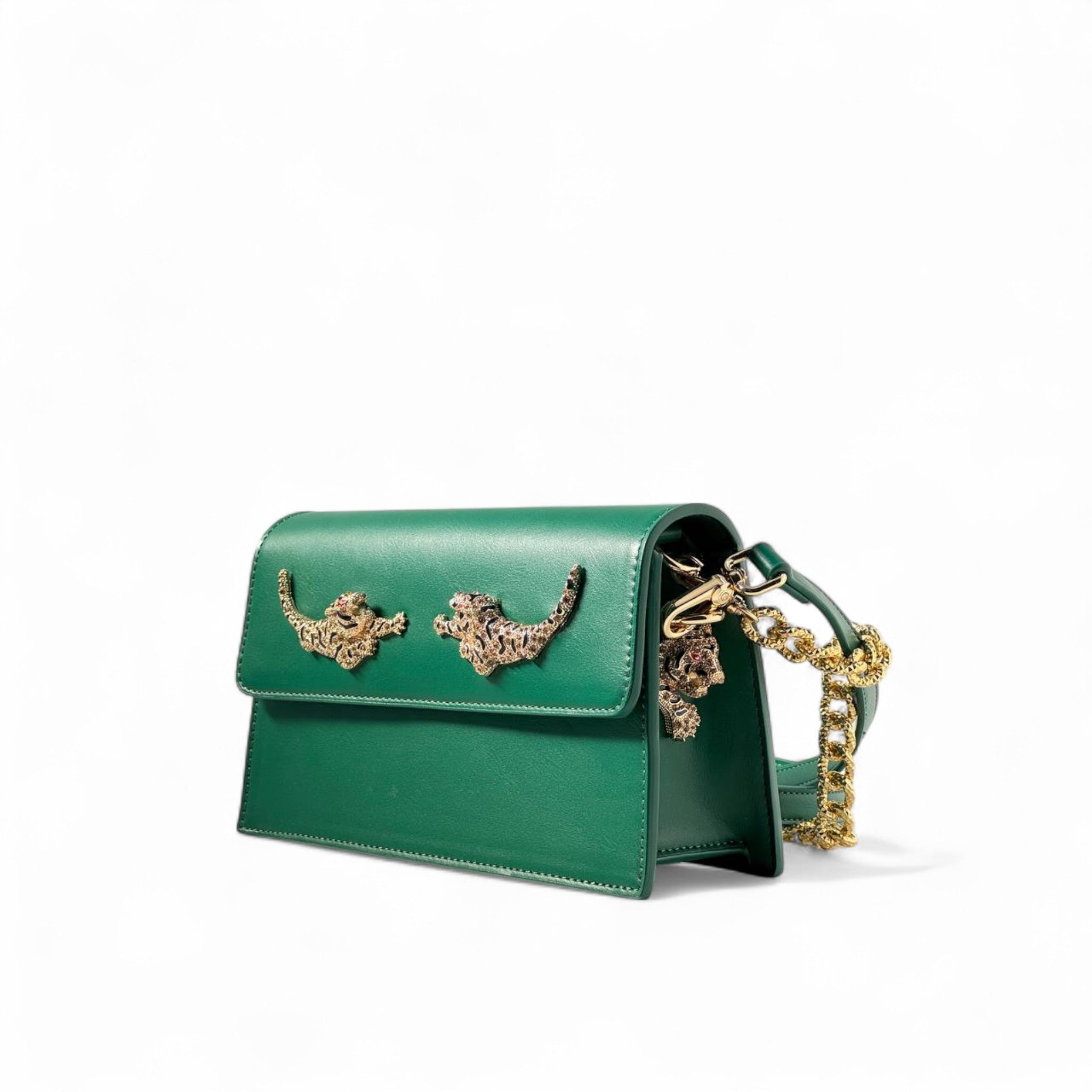 š Roberto Cavalli Emerald Green Leopard Bag ā Gold Chain Crossbody | Italian Exotic Glam