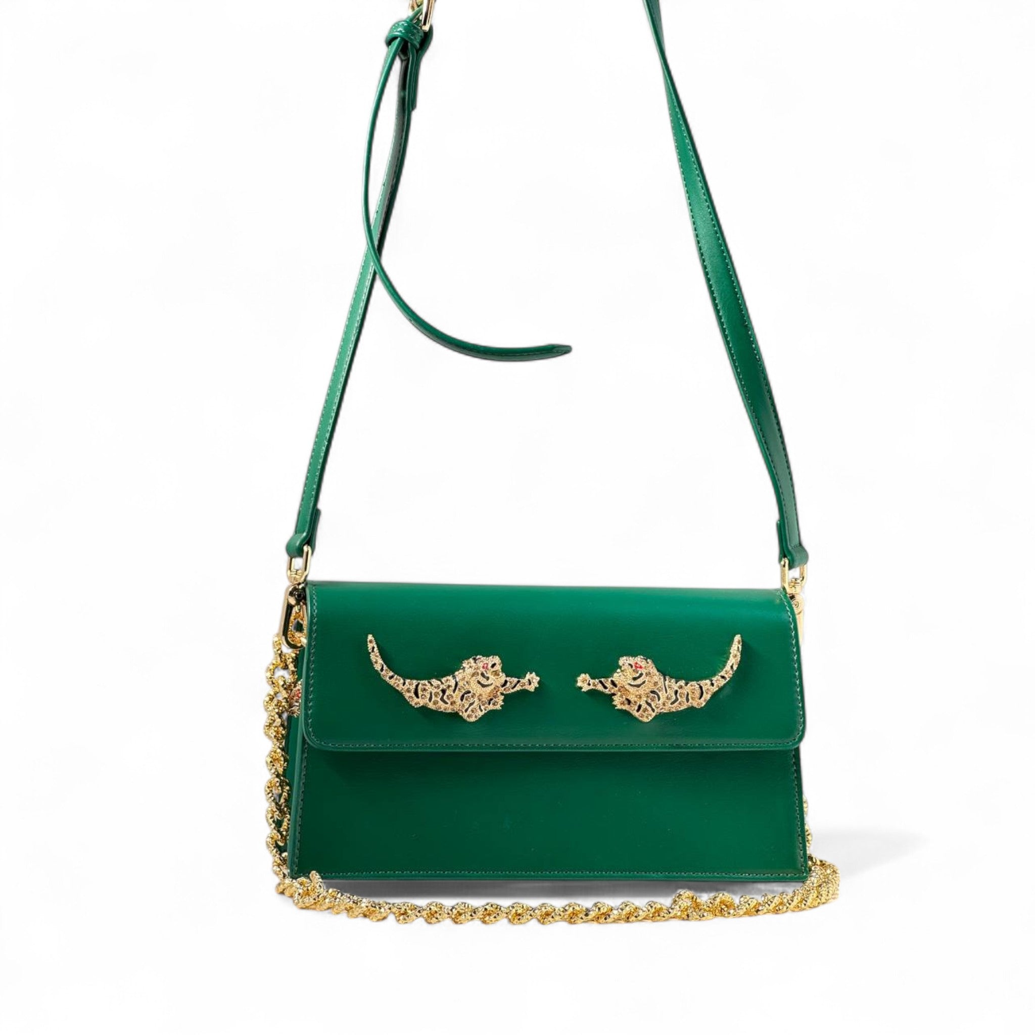š Roberto Cavalli Emerald Green Leopard Bag ā Gold Chain Crossbody | Italian Exotic Glam