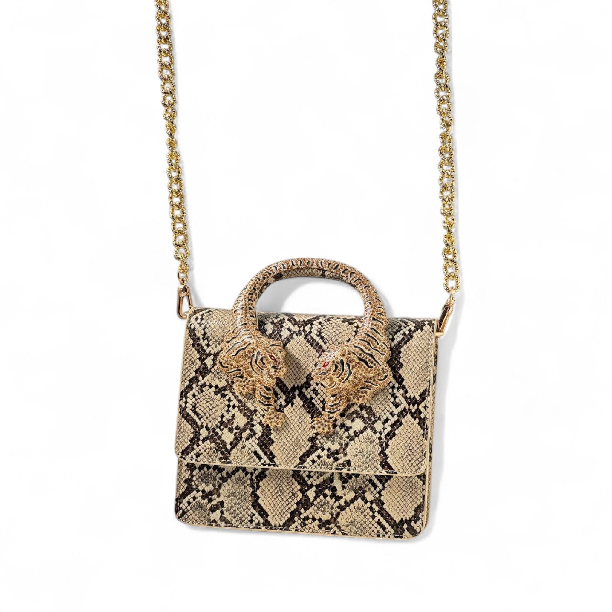 đ Roberto Cavalli Python Tiger Handle Bag â Jeweled Top Handle & Gold Chain | Exotic Statement Piece