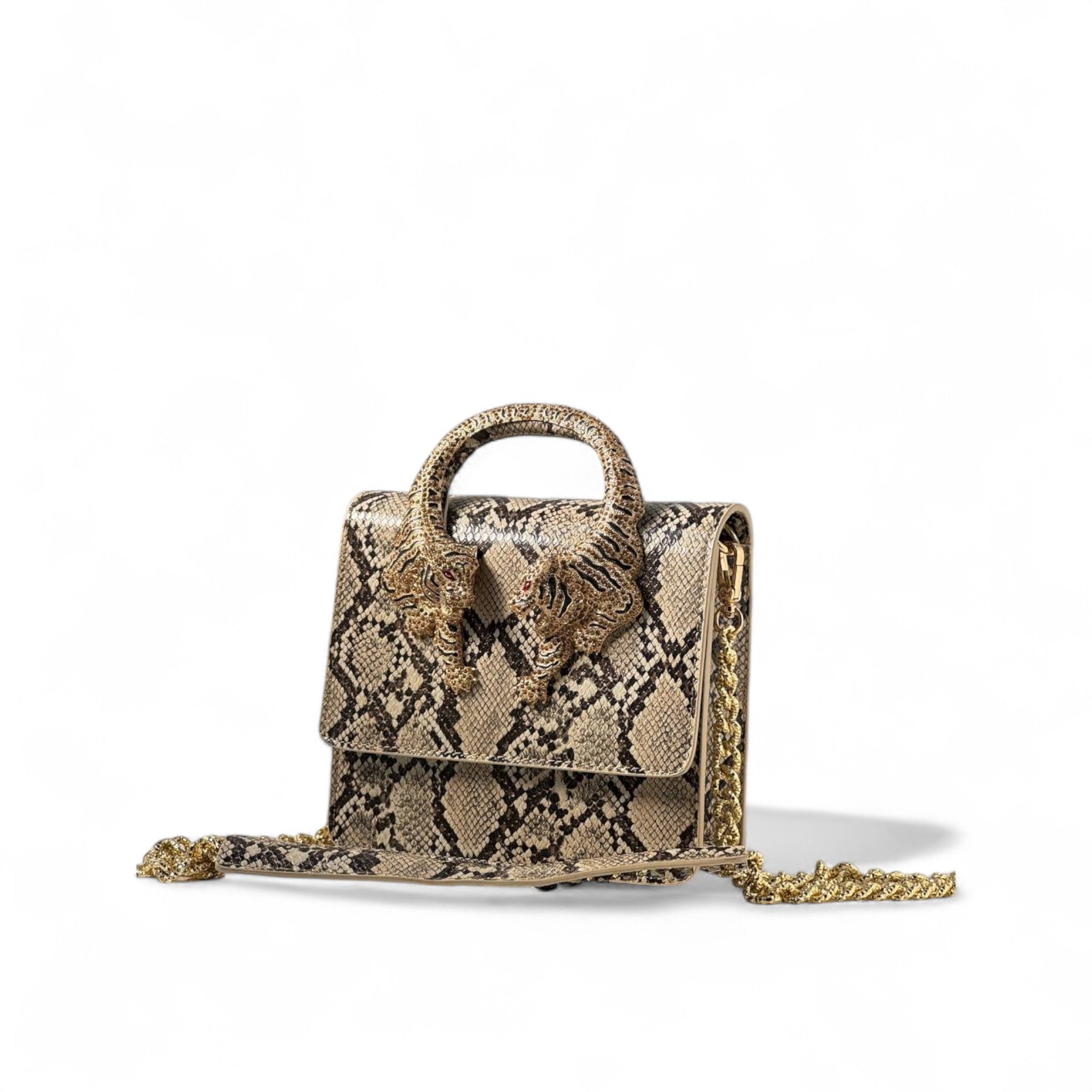 đ Roberto Cavalli Python Tiger Handle Bag â Jeweled Top Handle & Gold Chain | Exotic Statement Piece