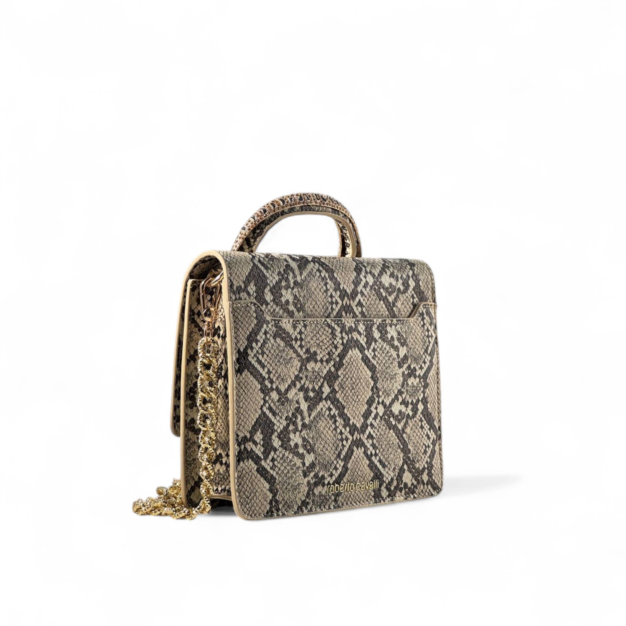 đ Roberto Cavalli Python Tiger Handle Bag â Jeweled Top Handle & Gold Chain | Exotic Statement Piece