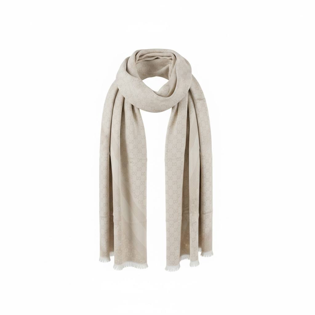 🧣 Gucci GG Monogram Beige Scarf – Understated Luxury & Timeless Style ✨