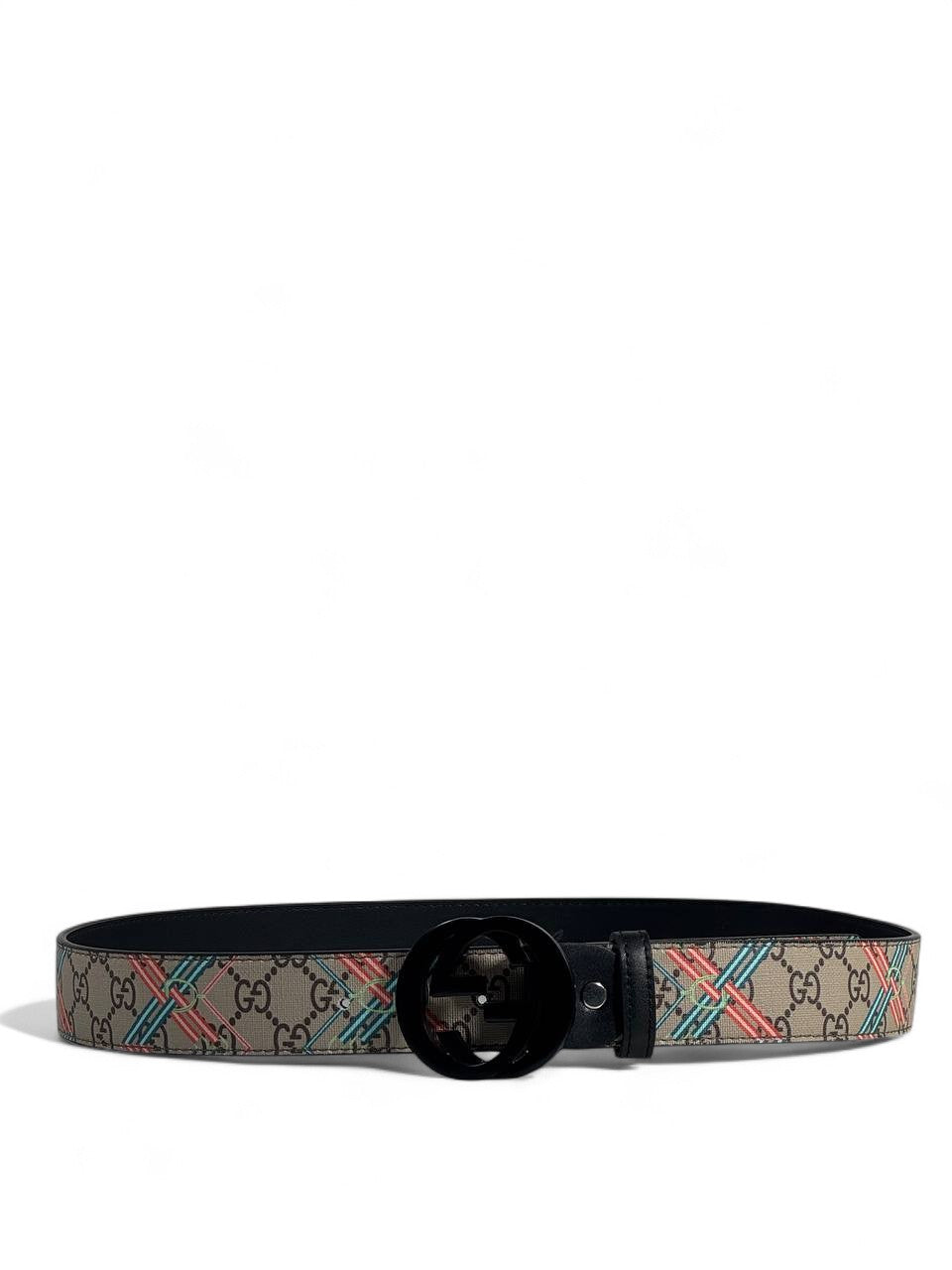 Gucci Style Pattern Belt – 125cm Black Round “GG” Buckle, Trendy Designer Print