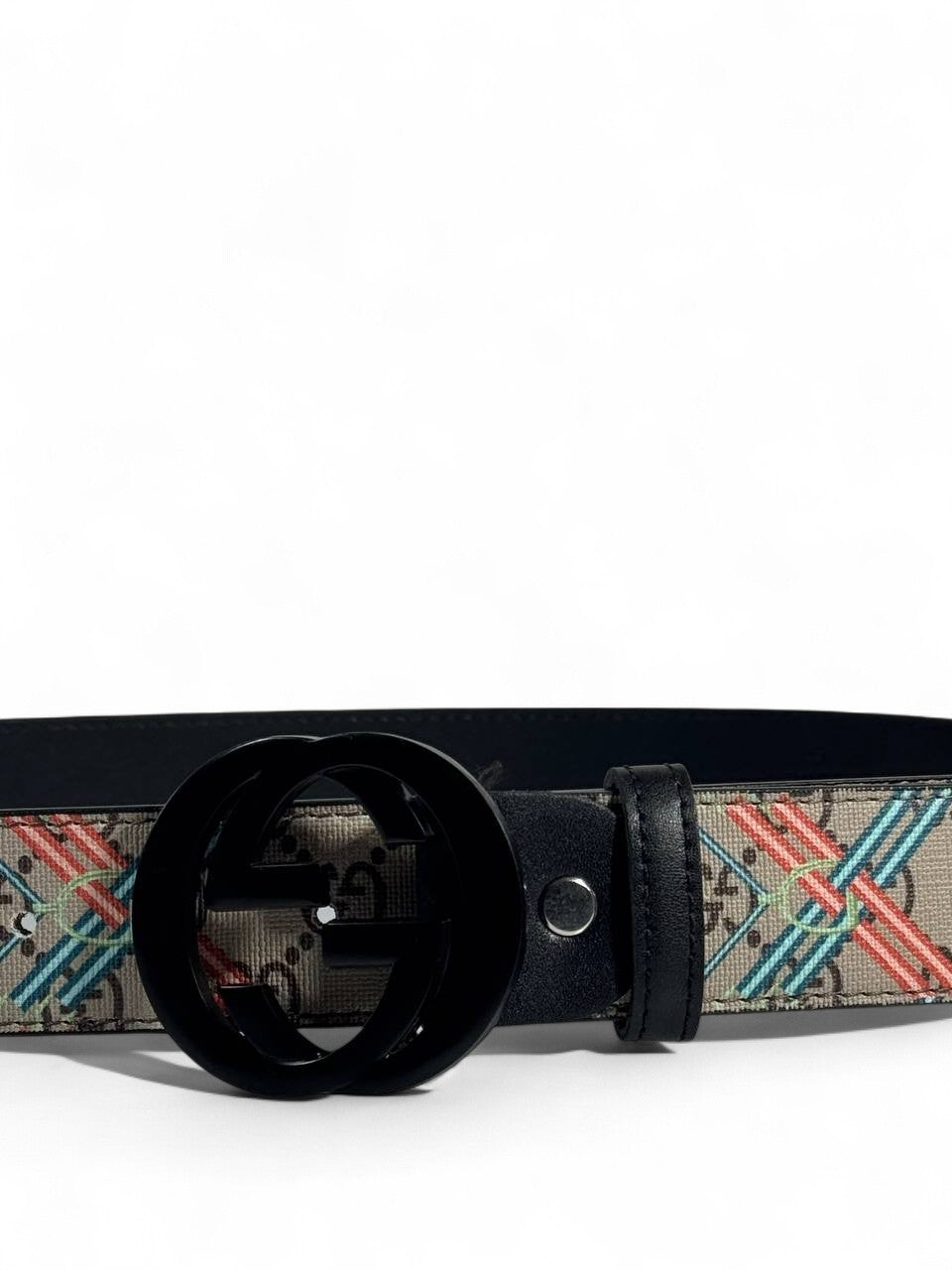 Gucci Style Pattern Belt – 125cm Black Round “GG” Buckle, Trendy Designer Print