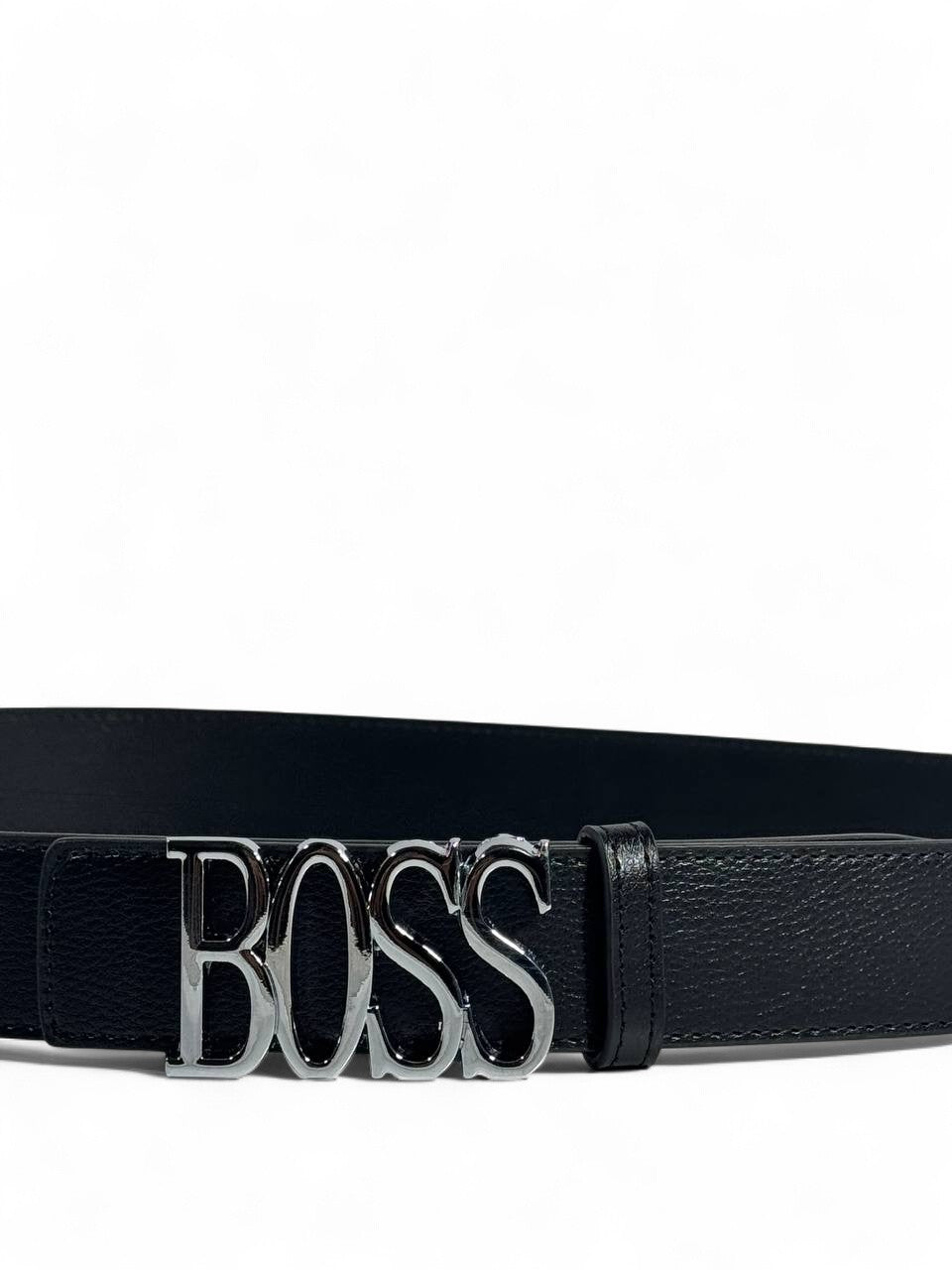 BOSS Style Black Belt β 125cm, Glossy Black βBOSSβ Logo Buckle, Sleek Modern Statement