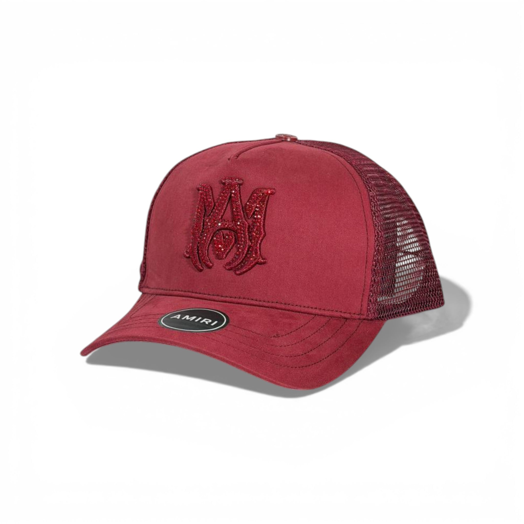🧢 AMIRI Crystal Monogram Trucker Cap – Burgundy Red