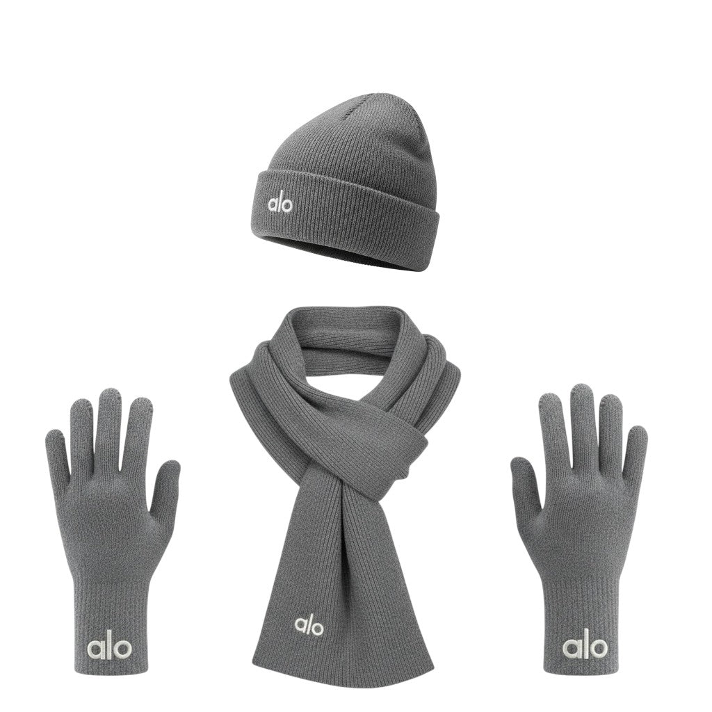 š©¶ Alo Grey Winter Knit Set ā Beanie, Scarf & Gloves Minimal Comfort āļø