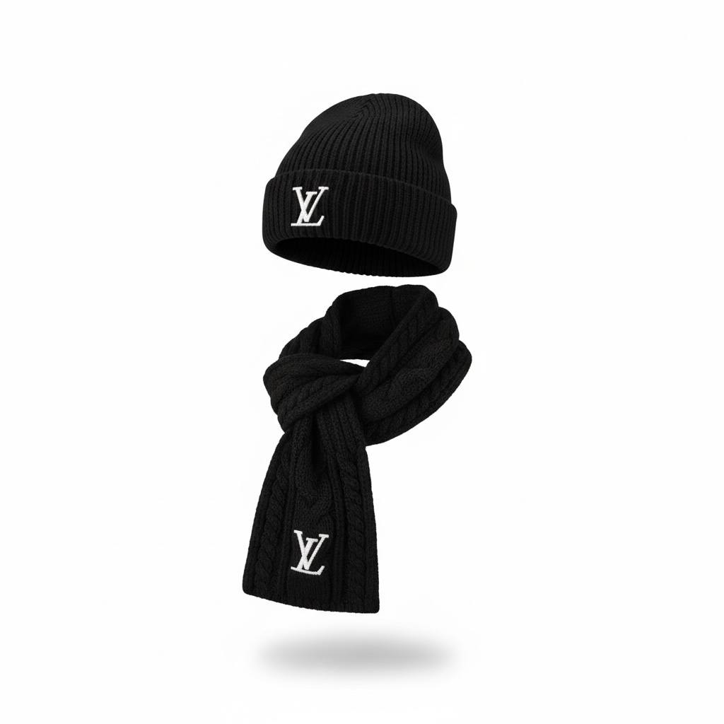 š¤ Louis Vuitton Black Winter Knit Set ā Beanie & Scarf Iconic Luxury āļø