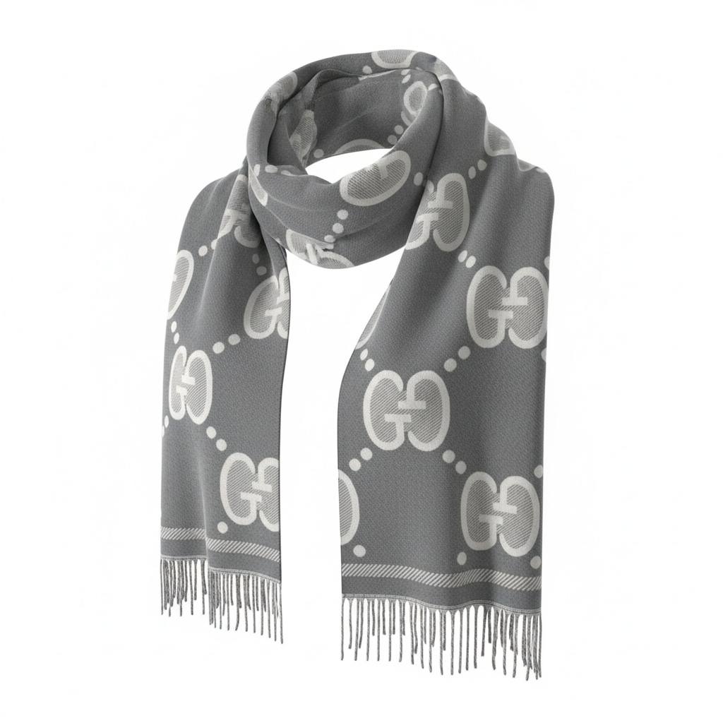 🧣 Gucci GG Double-Face Luxury Scarf – Grey & Ivory Signature Design
