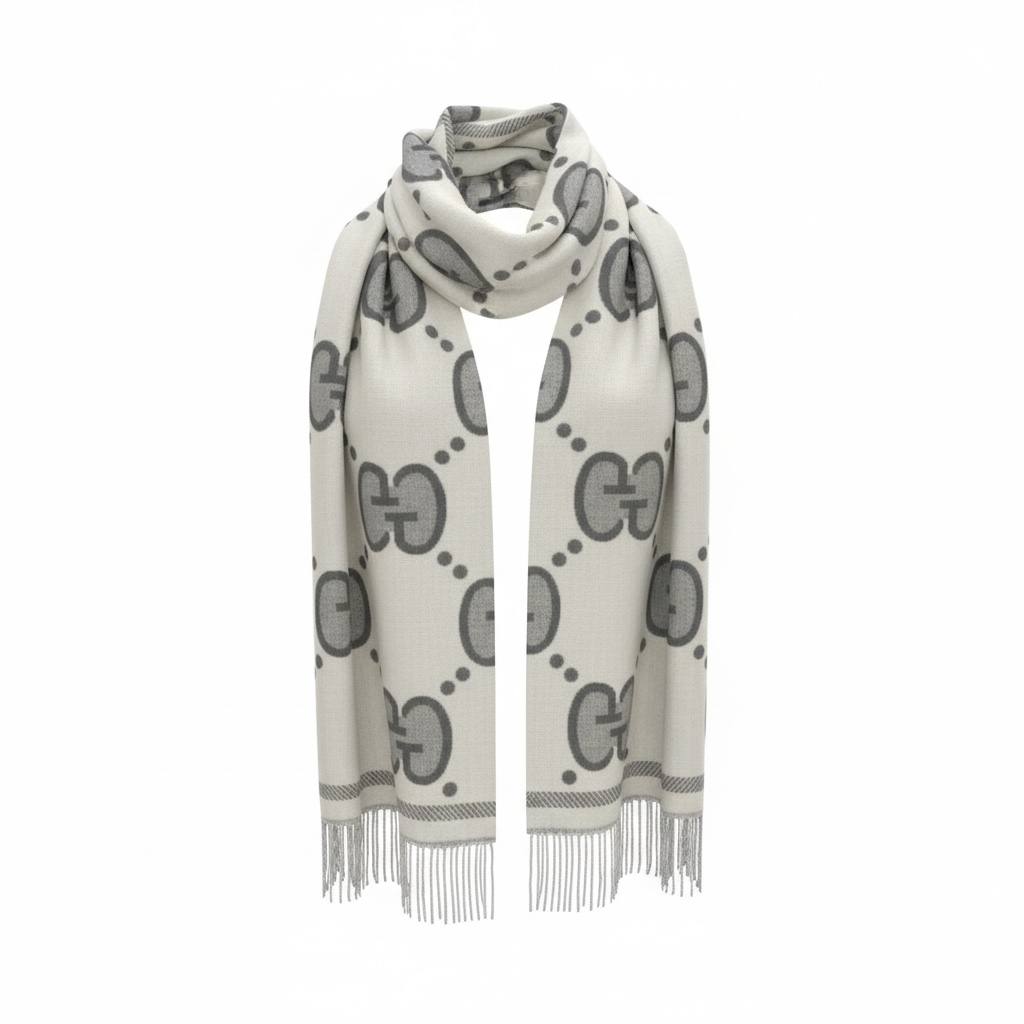 🧣 Gucci GG Double-Face Luxury Scarf – Grey & Ivory Signature Design