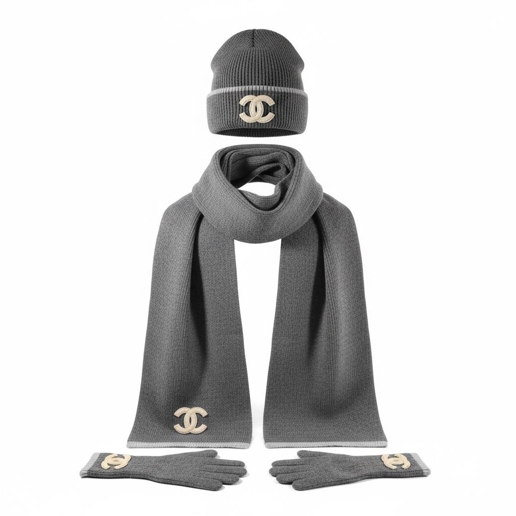 🖤 Chanel CC Luxury Winter Set – Knit Beanie, Scarf & Gloves in Grey
