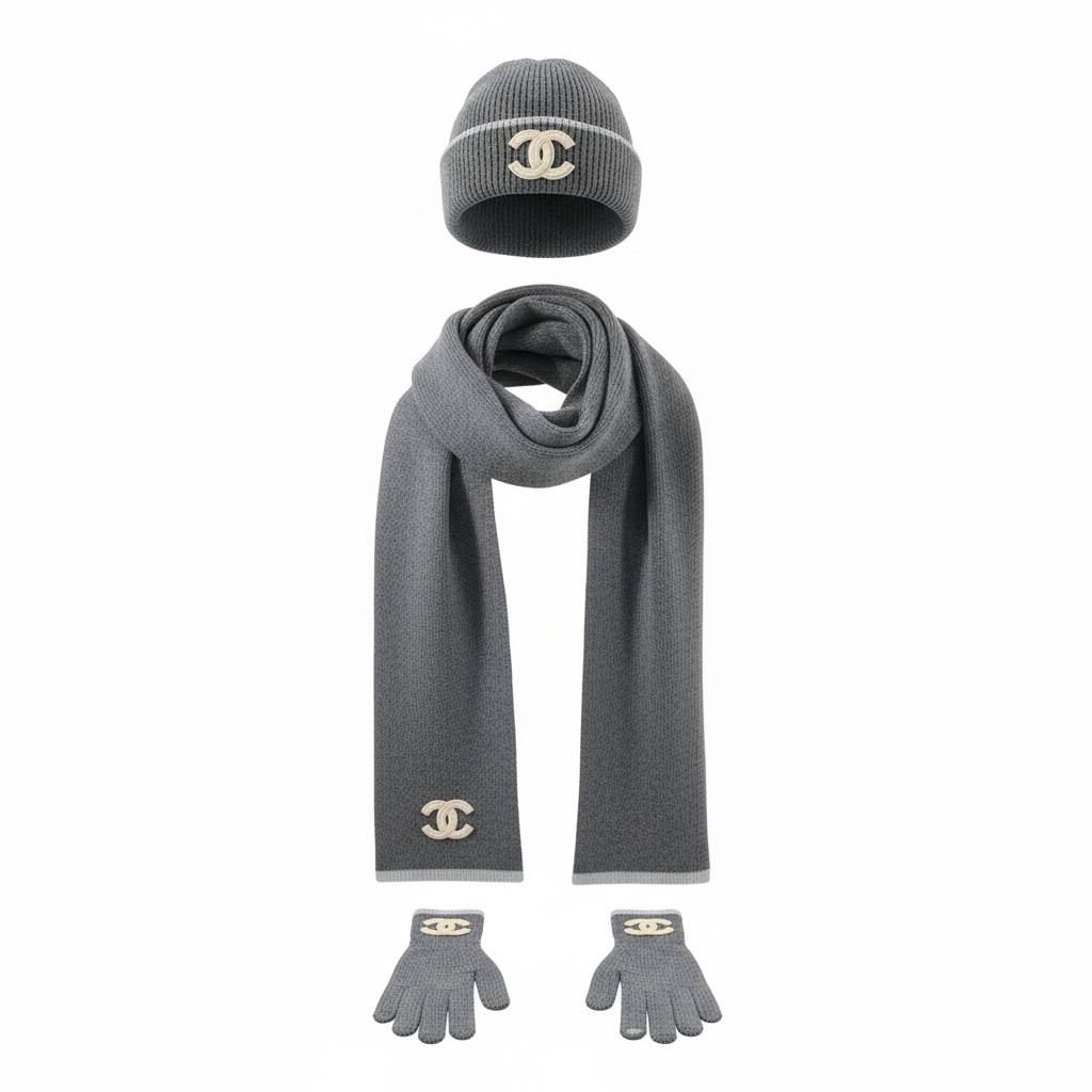 🖤 Chanel CC Luxury Winter Set – Knit Beanie, Scarf & Gloves in Grey