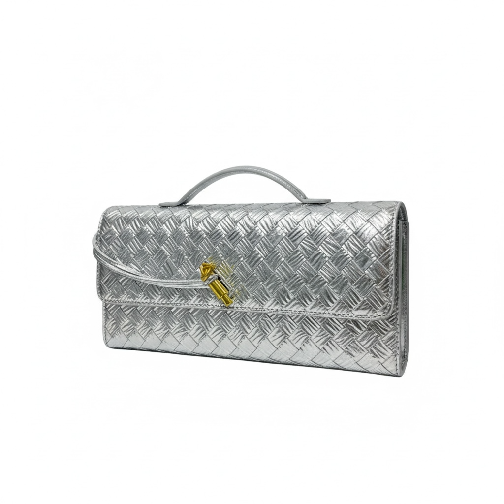 ✨ Bottega Veneta Silver Intrecciato Knot Clutch – Luxury Metallic Evening Handbag ✨