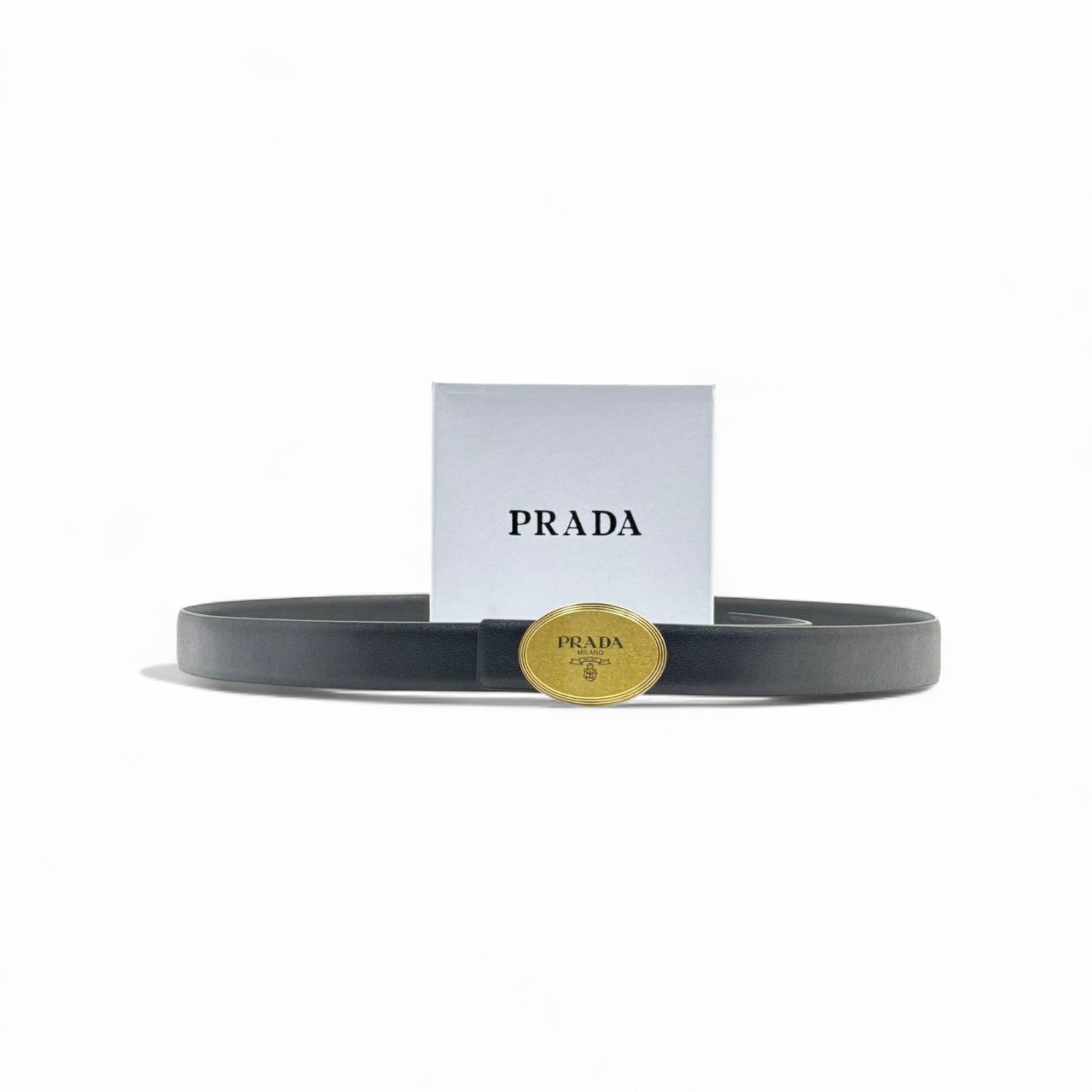 Prada Black Leather Belt š¤ | 125cm with Gold Oval Buckle & Box