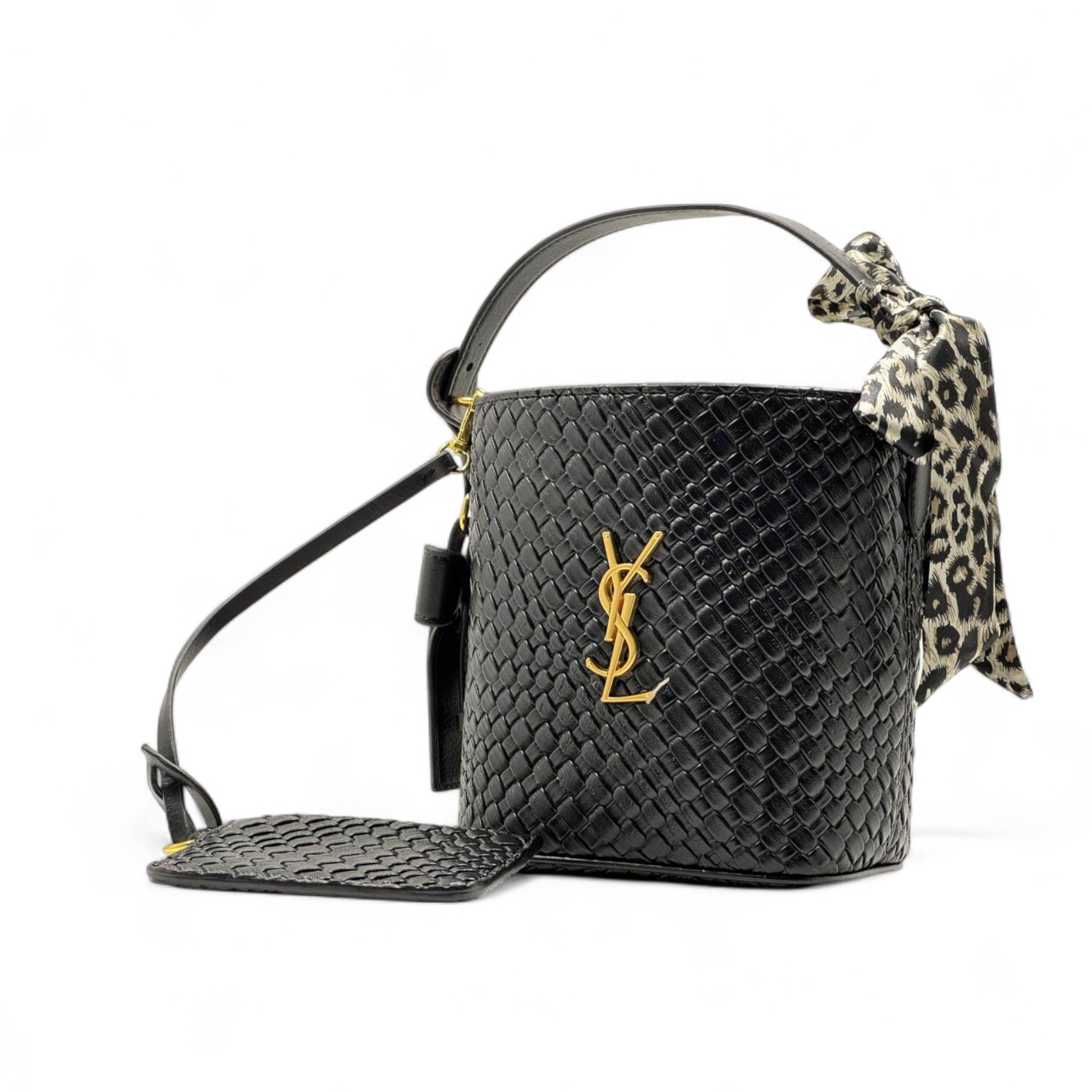 YSL Woven Bucket Bag with Leopard Scarf β Chic Black Gold Edition π€β¨π