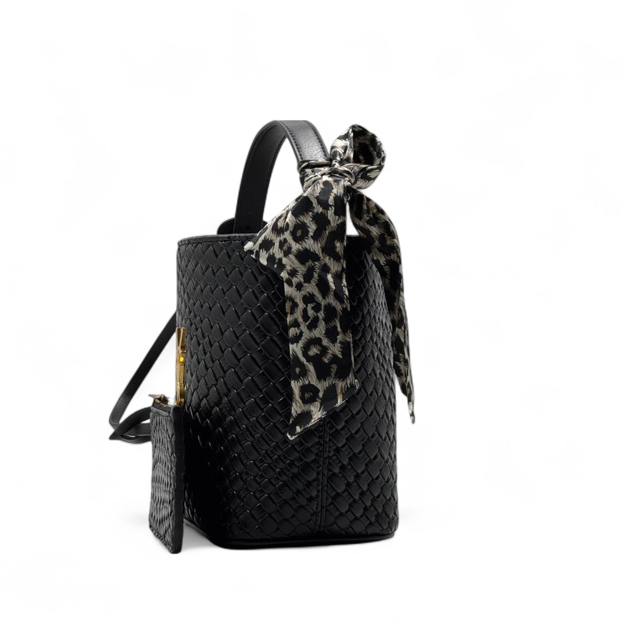YSL Woven Bucket Bag with Leopard Scarf β Chic Black Gold Edition π€β¨π