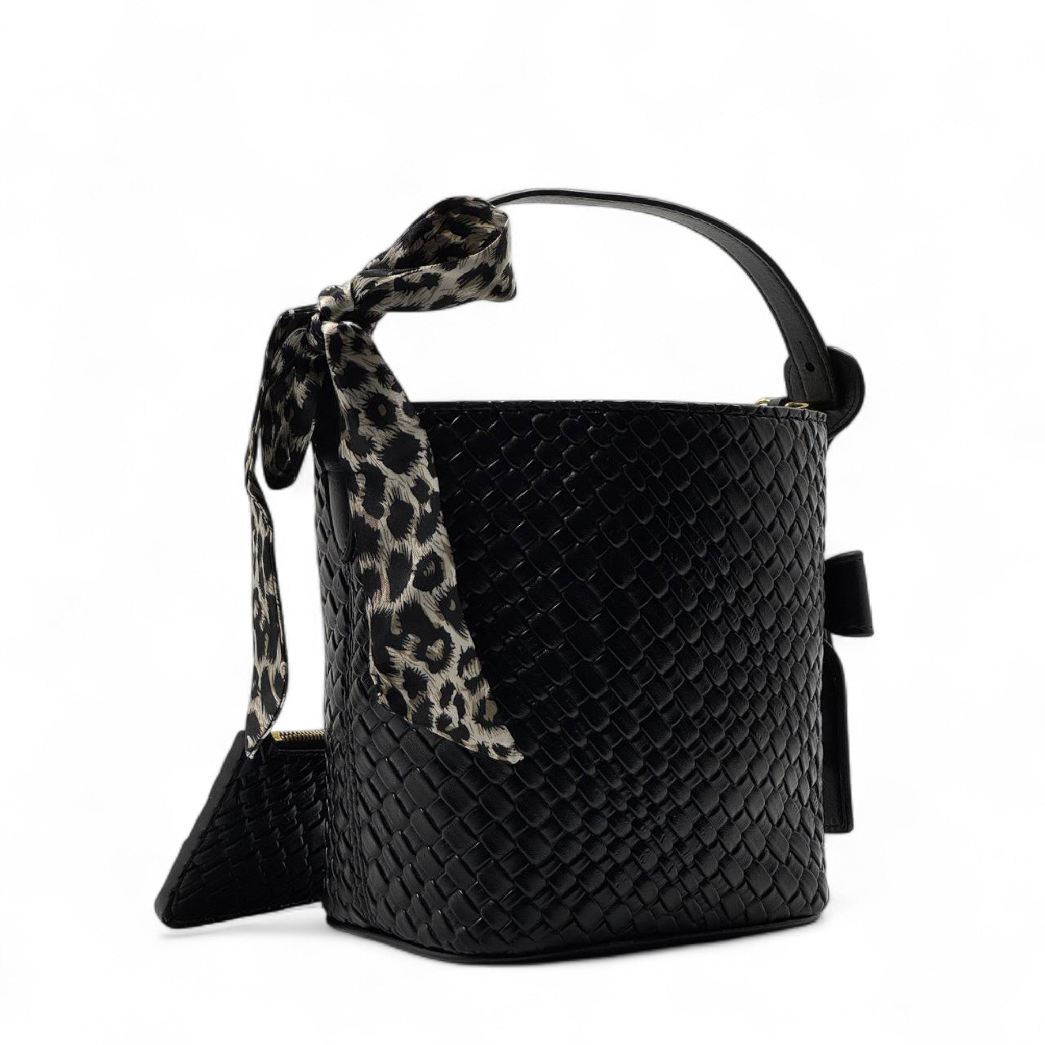 YSL Woven Bucket Bag with Leopard Scarf β Chic Black Gold Edition π€β¨π