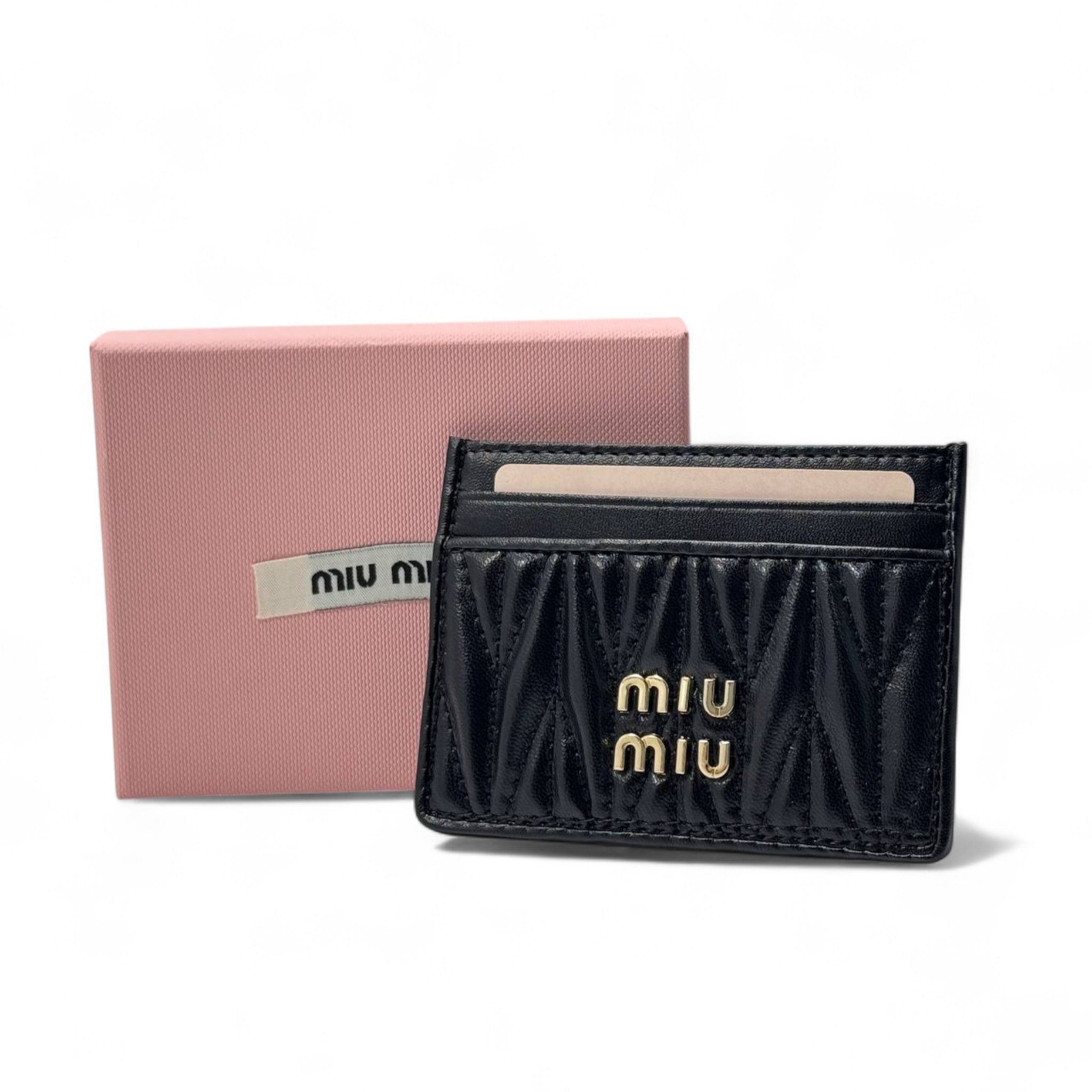 Miu Miu Black Matelassé Leather Card Holder 💼✨ – With Signature Pink Box