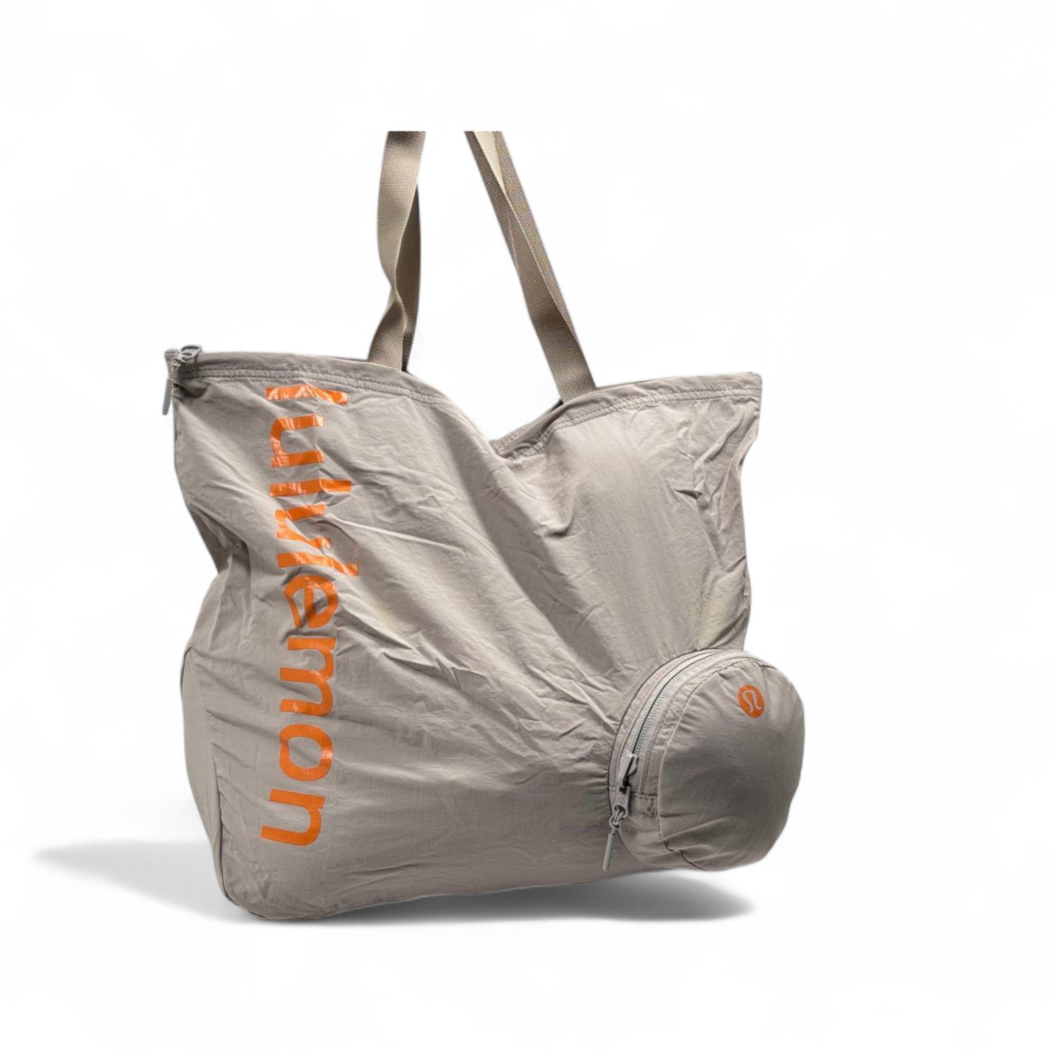 Lululemon Foldable Tote Bag ā Beige with Bold Orange Logo š§”