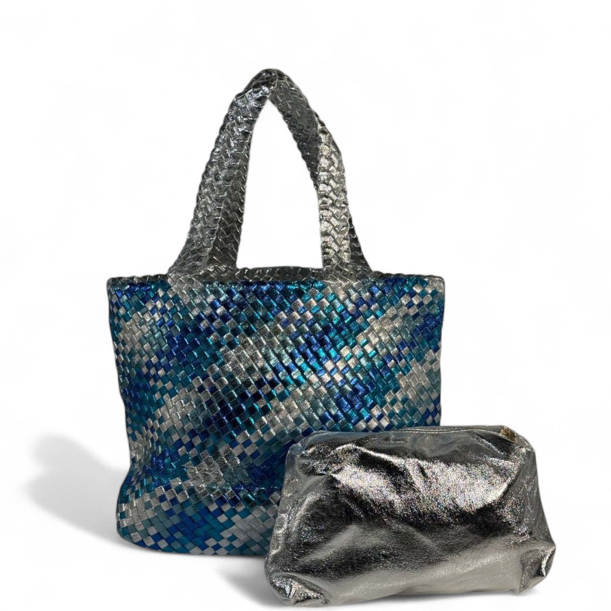 π BOTTEGA VENETA-INSPIRED Double-Face Intrecciato Tote Set β Blue Γ Silver Glow Edition π