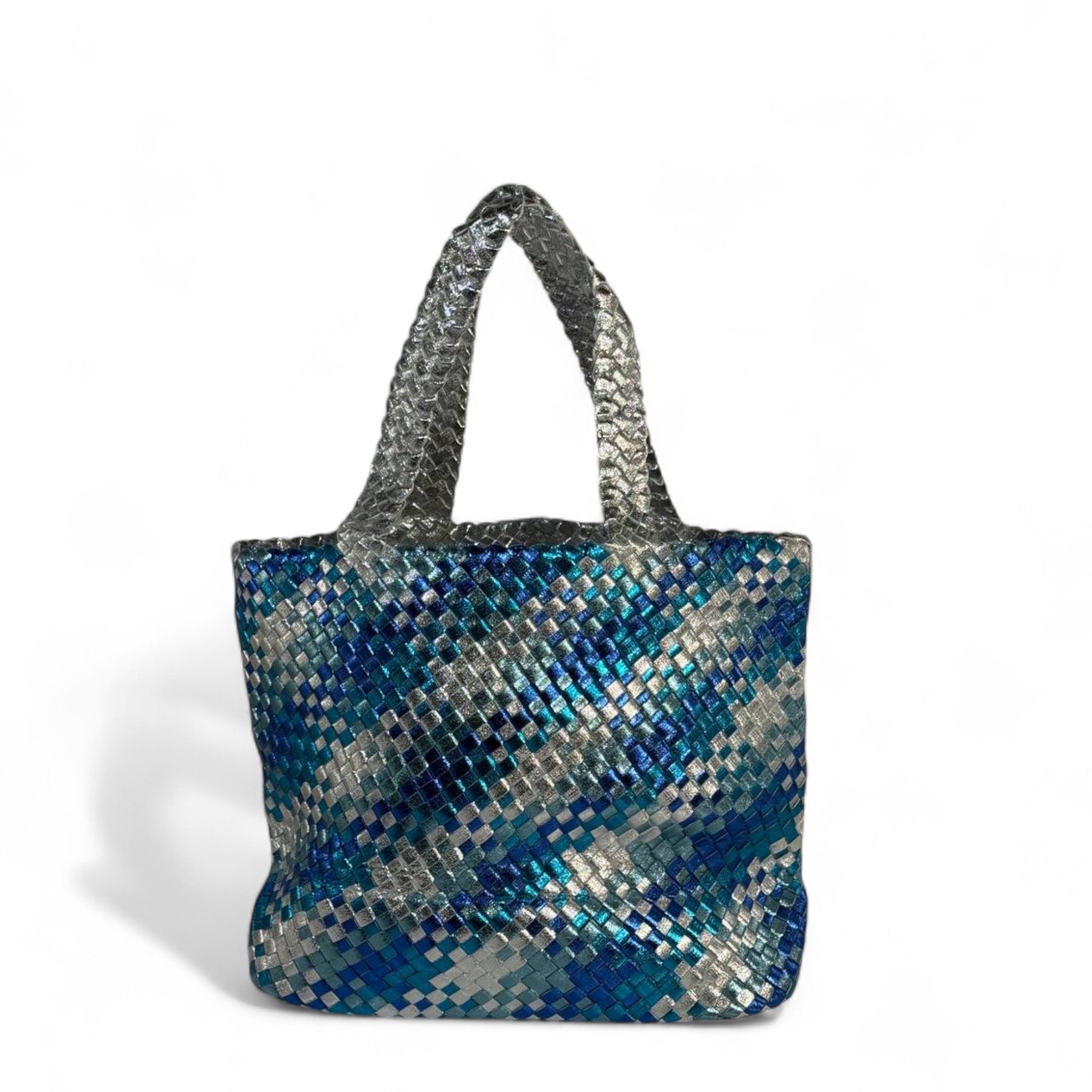 π BOTTEGA VENETA-INSPIRED Double-Face Intrecciato Tote Set β Blue Γ Silver Glow Edition π