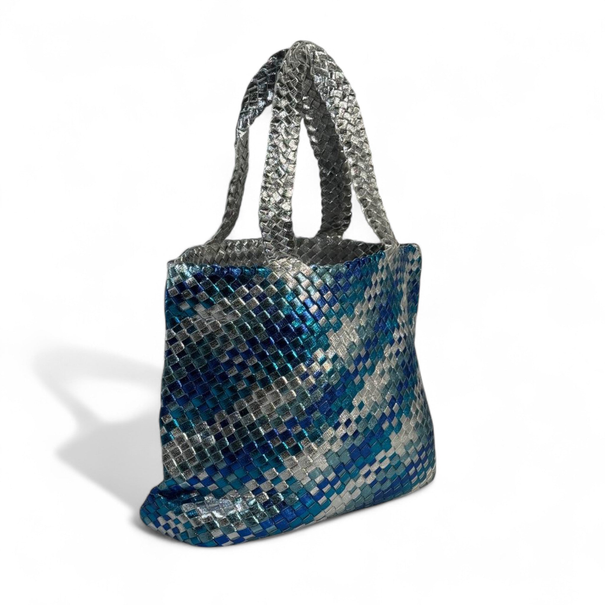 π BOTTEGA VENETA-INSPIRED Double-Face Intrecciato Tote Set β Blue Γ Silver Glow Edition π