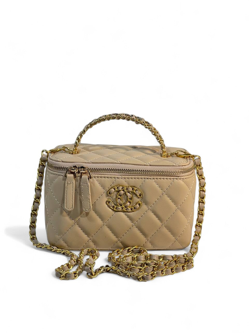 Chanel Beige Quilted Vanity Bag đ¤ | Classic CC Gold Chain Handbag