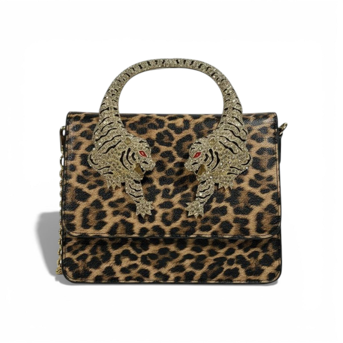 š Roberto Cavalli Leopard Top Handle Bag with Tiger Head Handle
