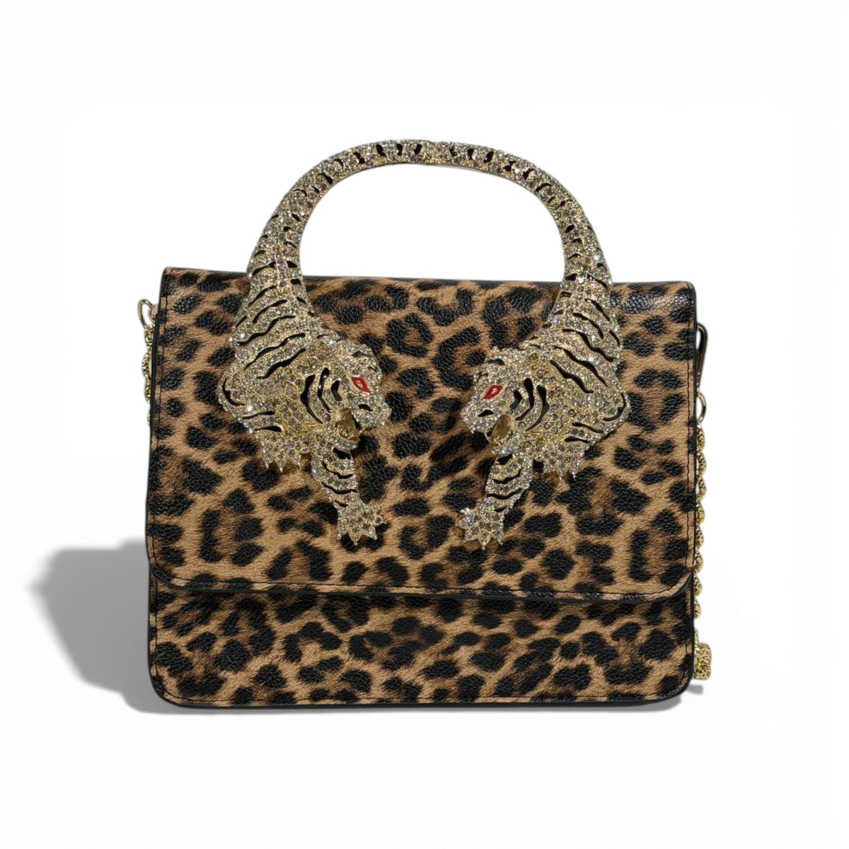 š Roberto Cavalli Leopard Top Handle Bag with Tiger Head Handle