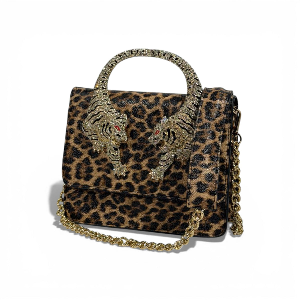 š Roberto Cavalli Leopard Top Handle Bag with Tiger Head Handle