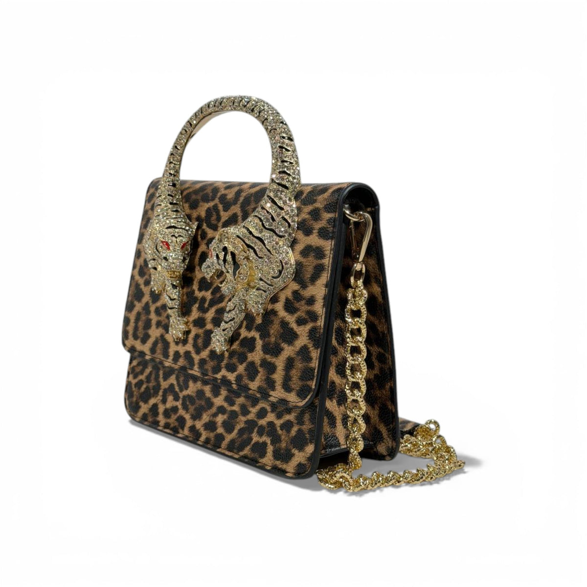 š Roberto Cavalli Leopard Top Handle Bag with Tiger Head Handle