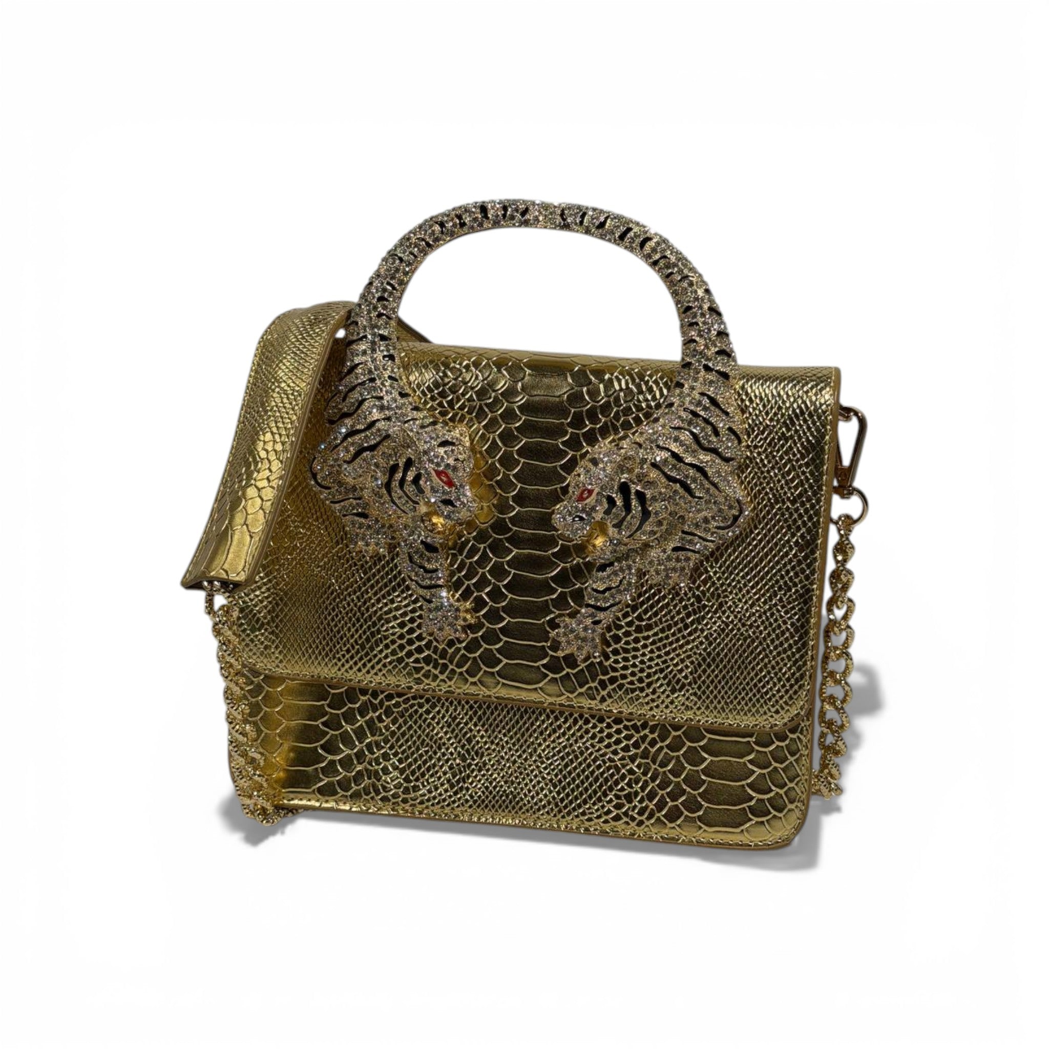 š Roberto Cavalli Gold Snake-Effect Top Handle Bag with Tiger Head Handle
