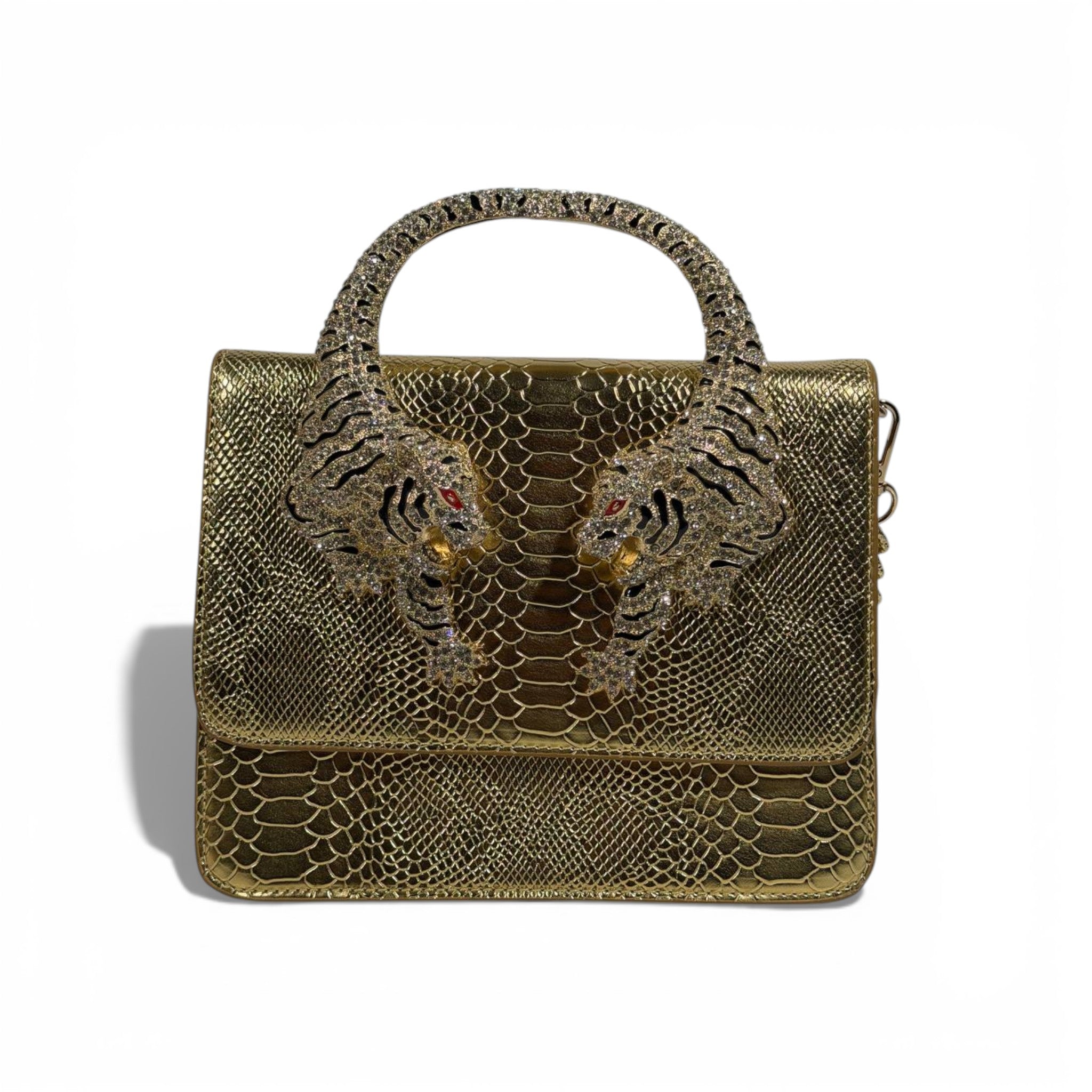 š Roberto Cavalli Gold Snake-Effect Top Handle Bag with Tiger Head Handle
