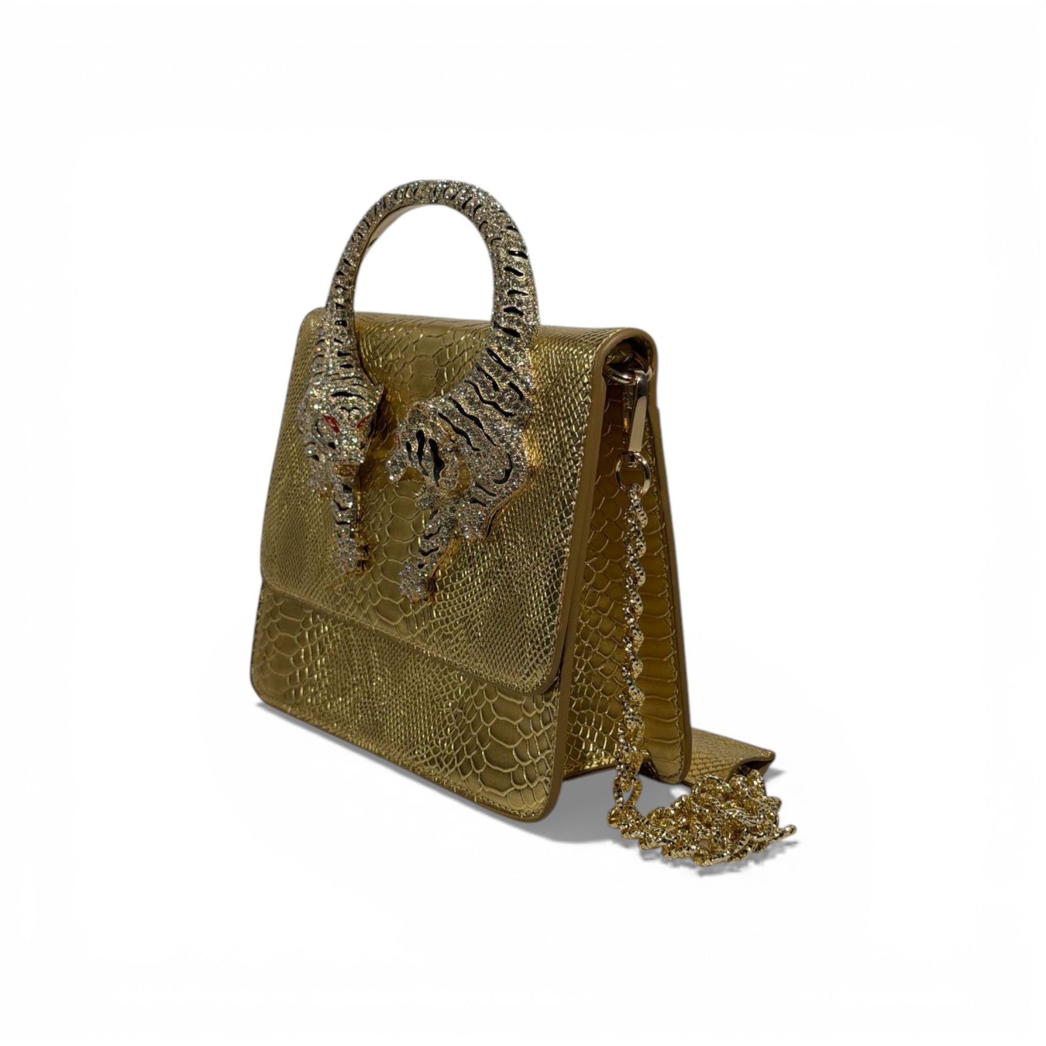 š Roberto Cavalli Gold Snake-Effect Top Handle Bag with Tiger Head Handle