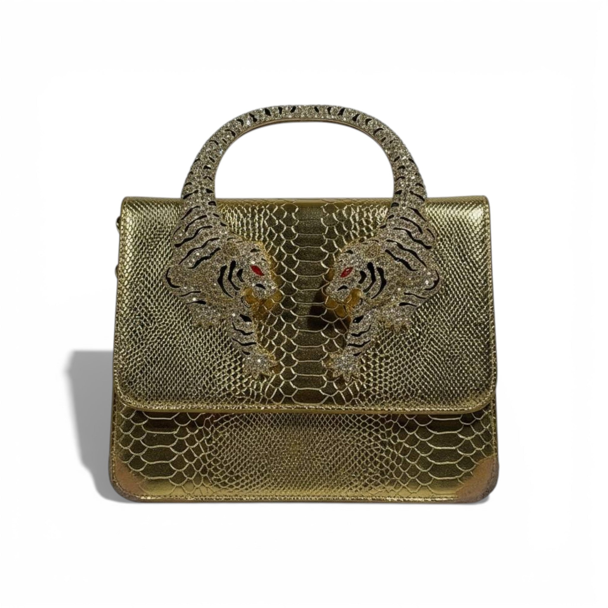 š Roberto Cavalli Gold Snake-Effect Top Handle Bag with Tiger Head Handle